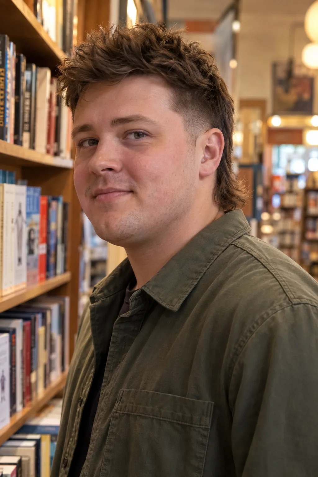 Front three quarter view of a man with a round face and a mid brown short mullet in a bookstore aisle, the sides faded short, a textured top and the back visible past his nape