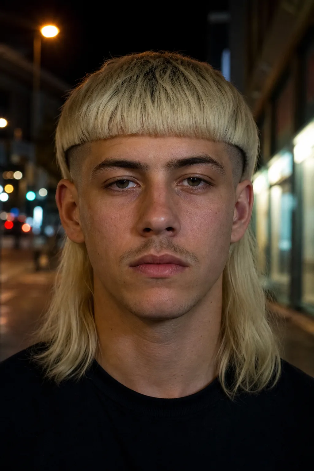 Front view of a man with a disconnected mullet: sides shaved to a hard line, a blunt fringe across the forehead, and bleached length left at the back