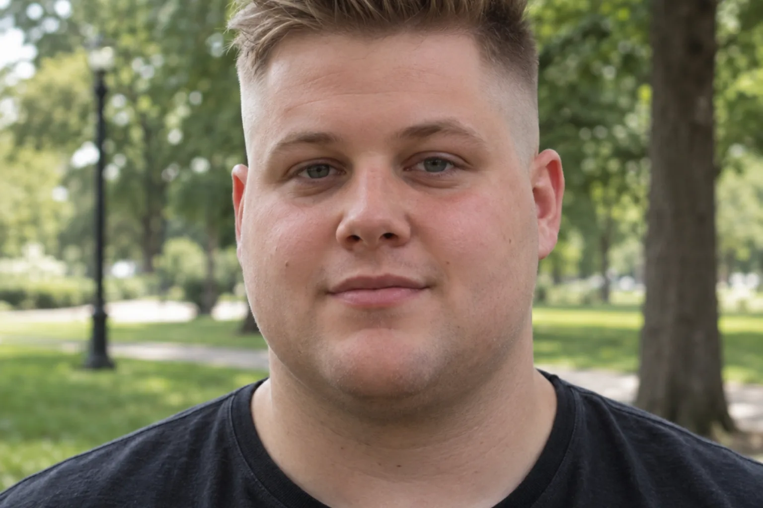 Front view of a man with a round full face wearing a high bald fade with short hair on top