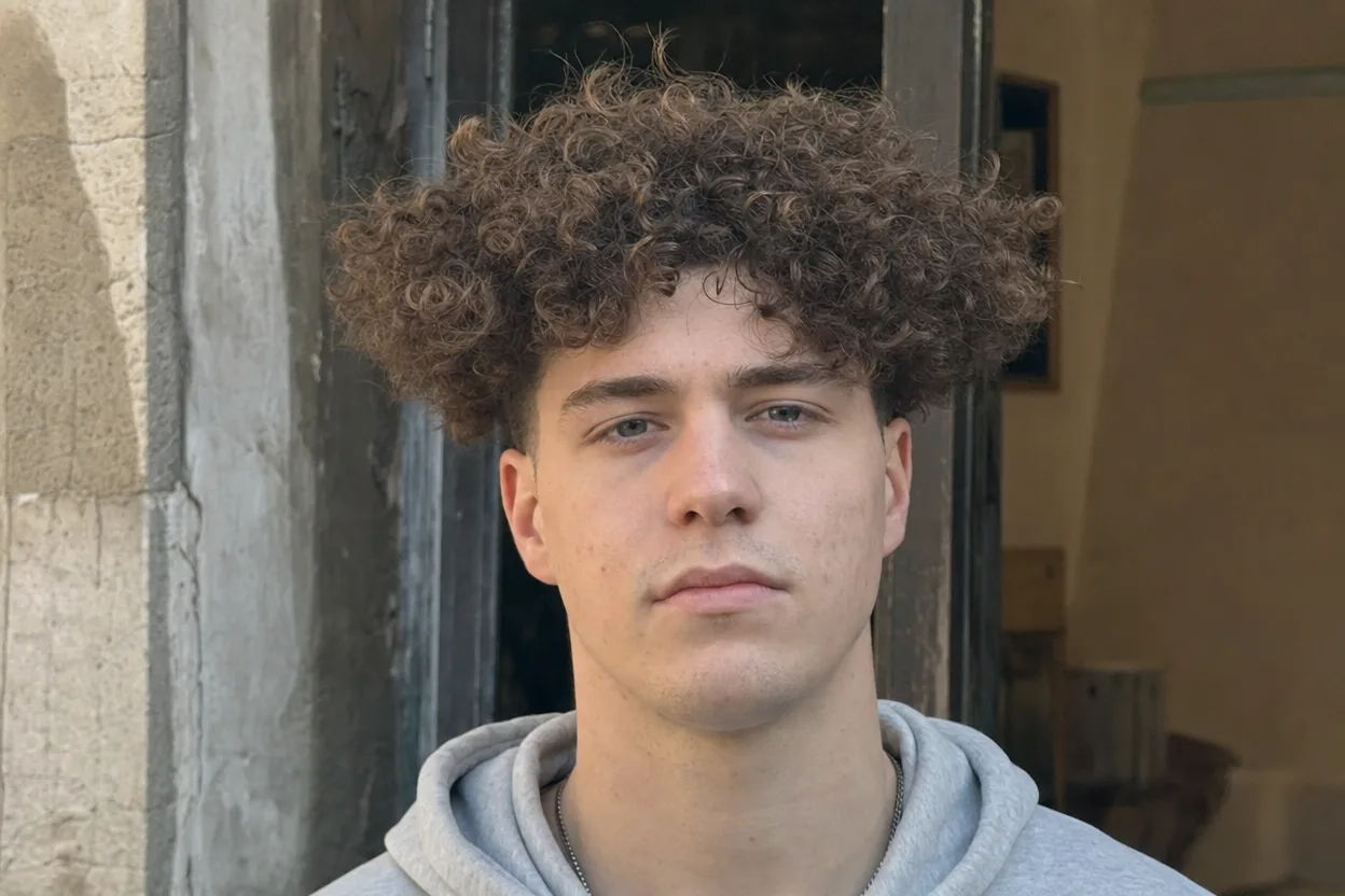 Straight-on view of a man with a very tight frizzy halo of small corkscrew curls in dark brown hair