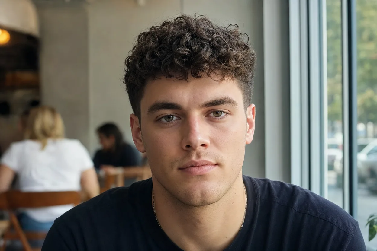 Front view of a man with a broad square jaw and springy mid brown curls, sitting by a cafe window