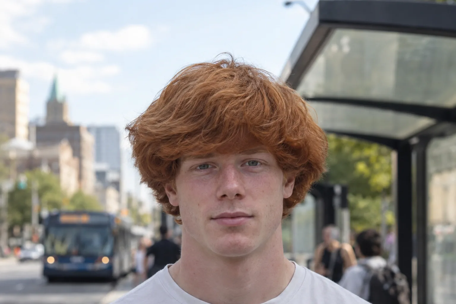 Front view of a young man with thick ginger hair at a city bus stop, his sides left long so the hair puffs out over his ears into a wide round shape