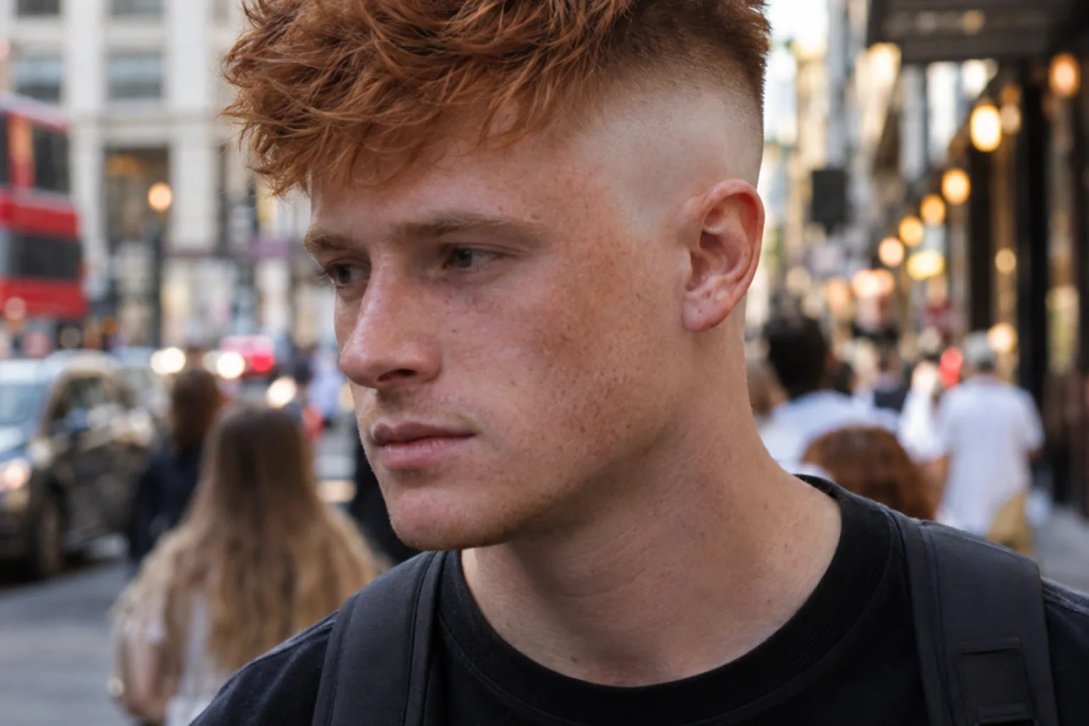 Ginger haired man with a high bald fade, bare skin covering most of the side under a thick textured top
