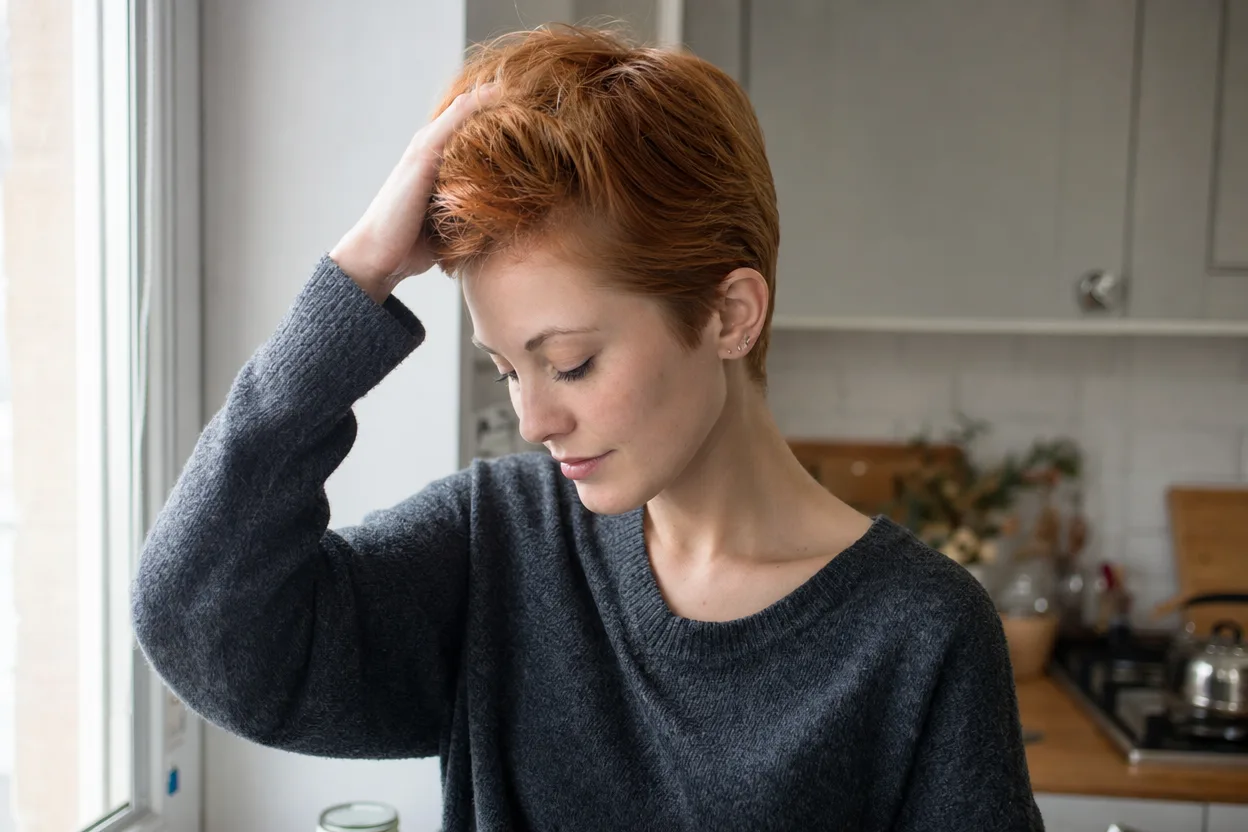 Ginger haired woman in a kitchen running her fingers back through the top of her long pixie cut