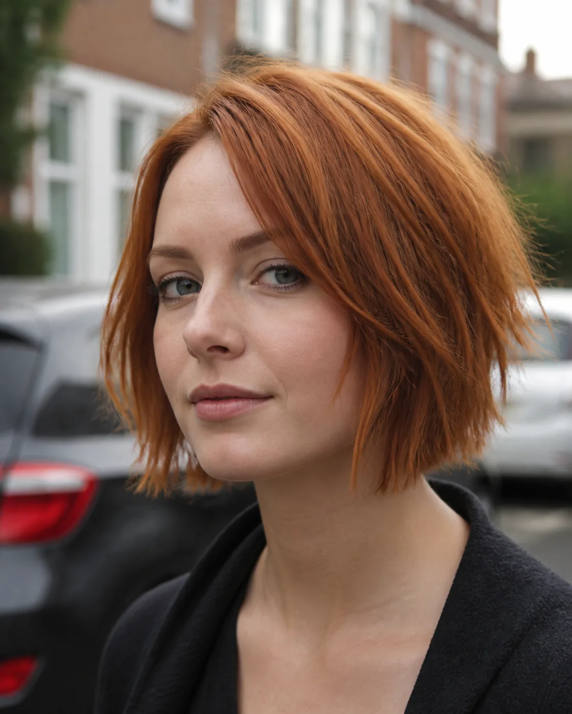 Ginger jaw-length bob with visibly chopped, separated ends, on a residential street
