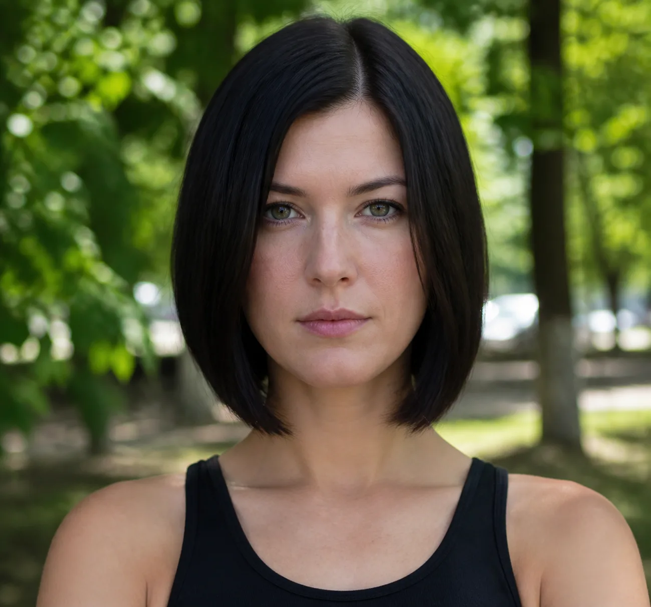 Glossy black jaw-length bob with a centre part and one unbroken blunt edge, photographed straight on in a park