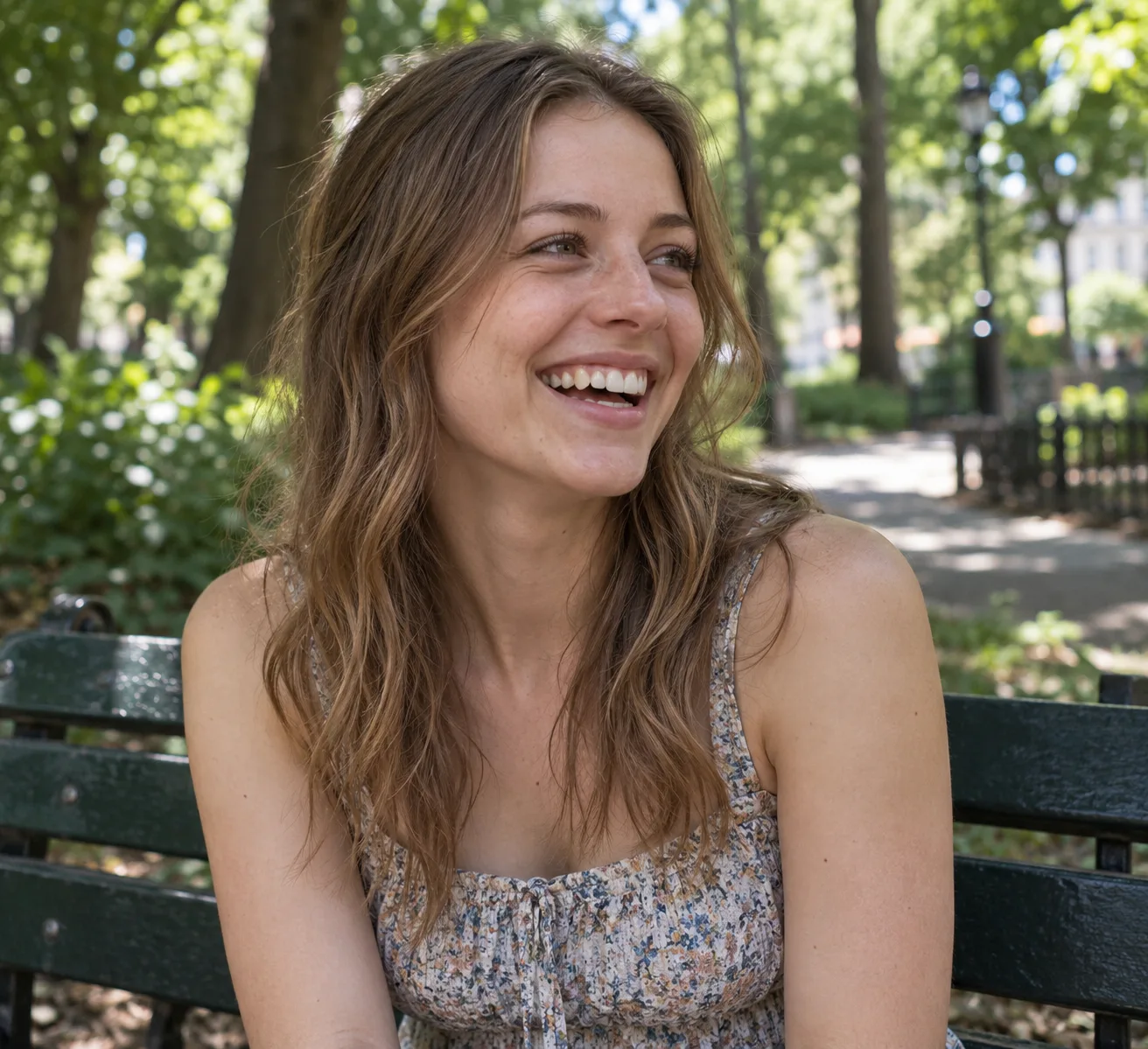 Laughing woman on a park bench with fine light brown hair in soft loose waves