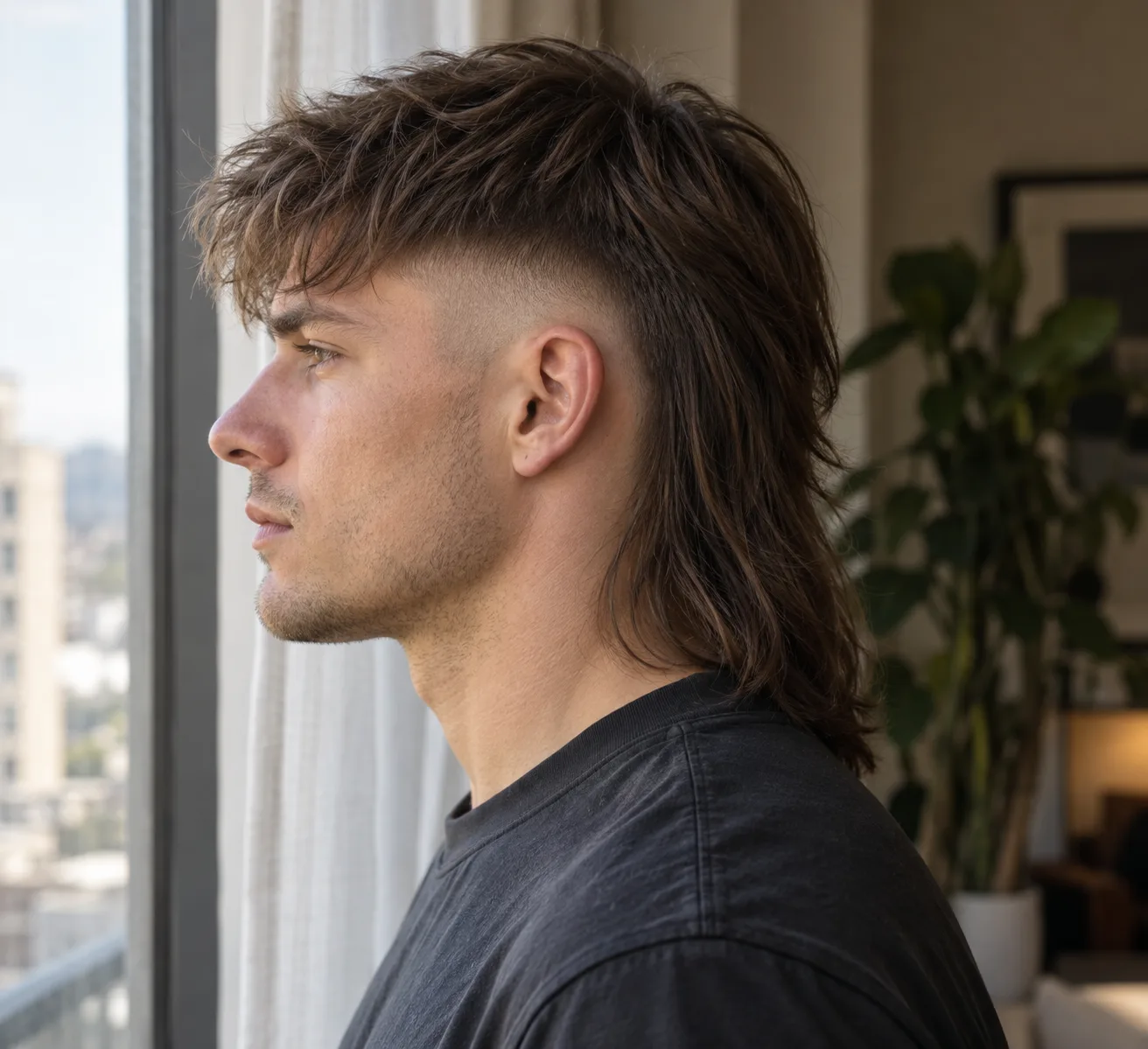 Left side profile of a man with straight dark brown hair by a window, a skin fade above the ear and the straight back hanging flat past his collar