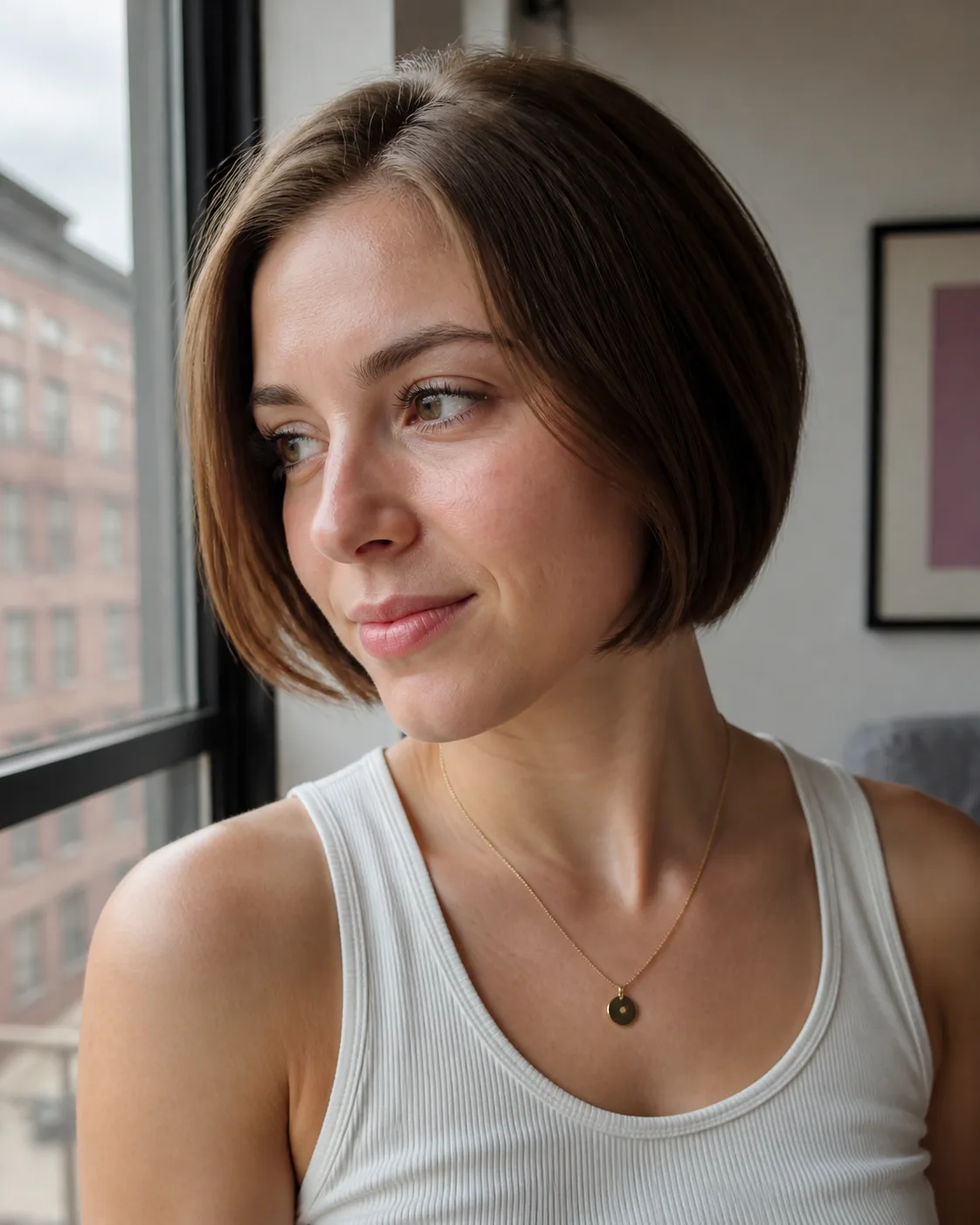 Light brown chin-length bob with a smooth rounded back, photographed beside an apartment window