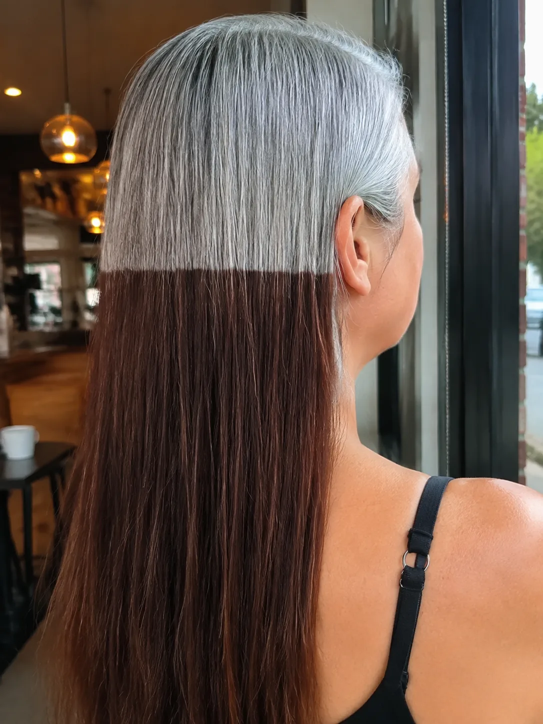 Long straight hair seen from behind with a sharp horizontal line at ear height where silver regrowth meets dark box dye