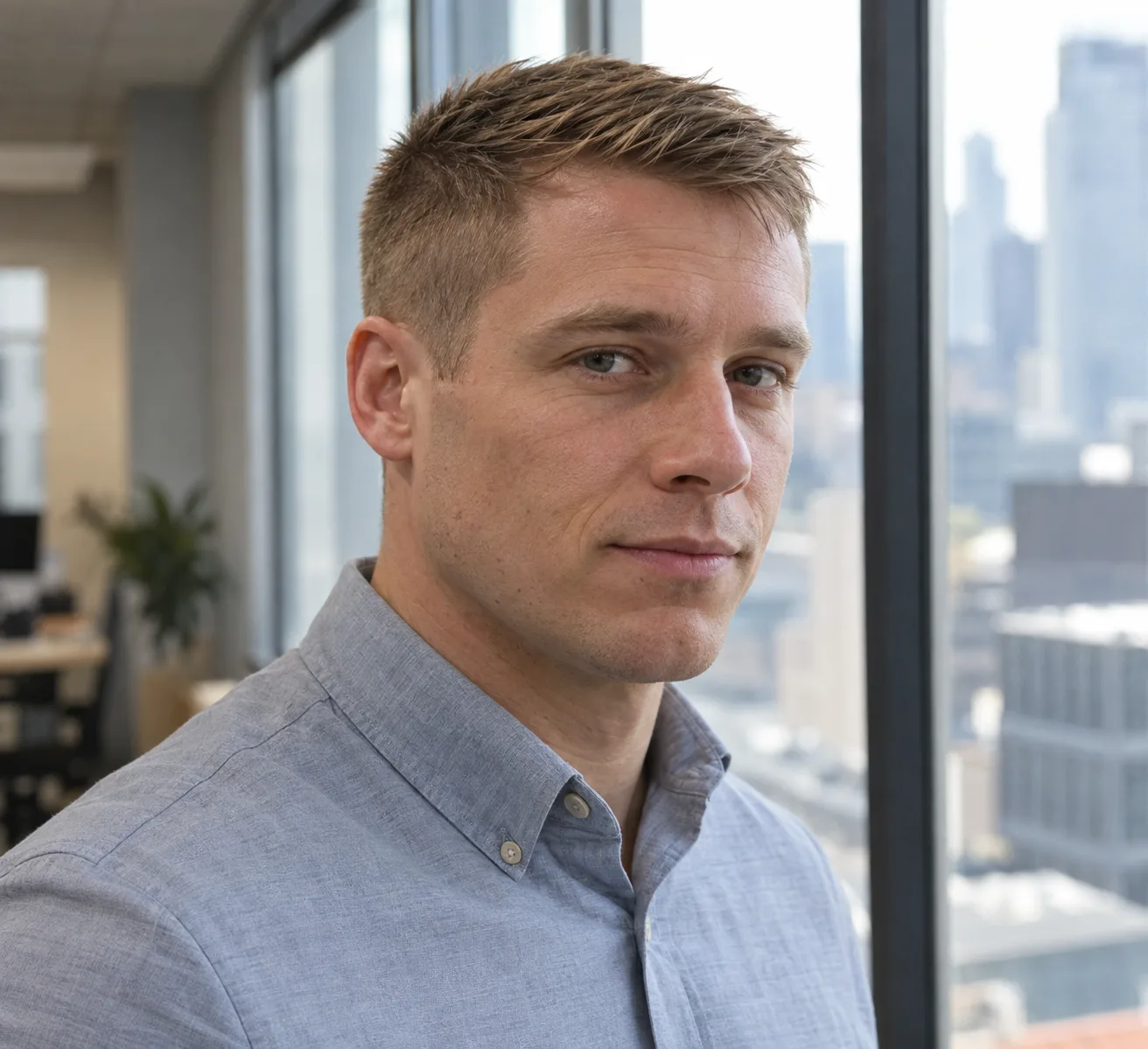 Man in a blue button up shirt by an office window with a softer regulation cut, short blended sides and a slightly longer textured dirty blonde top