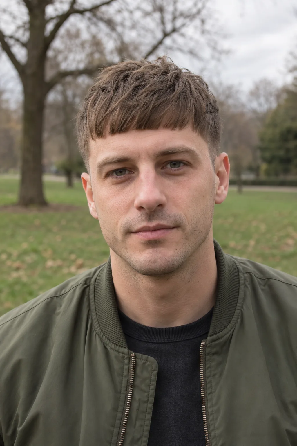 Man in a park with a light brown French crop, the blunt fringe brought forward over the temples and short tapered sides