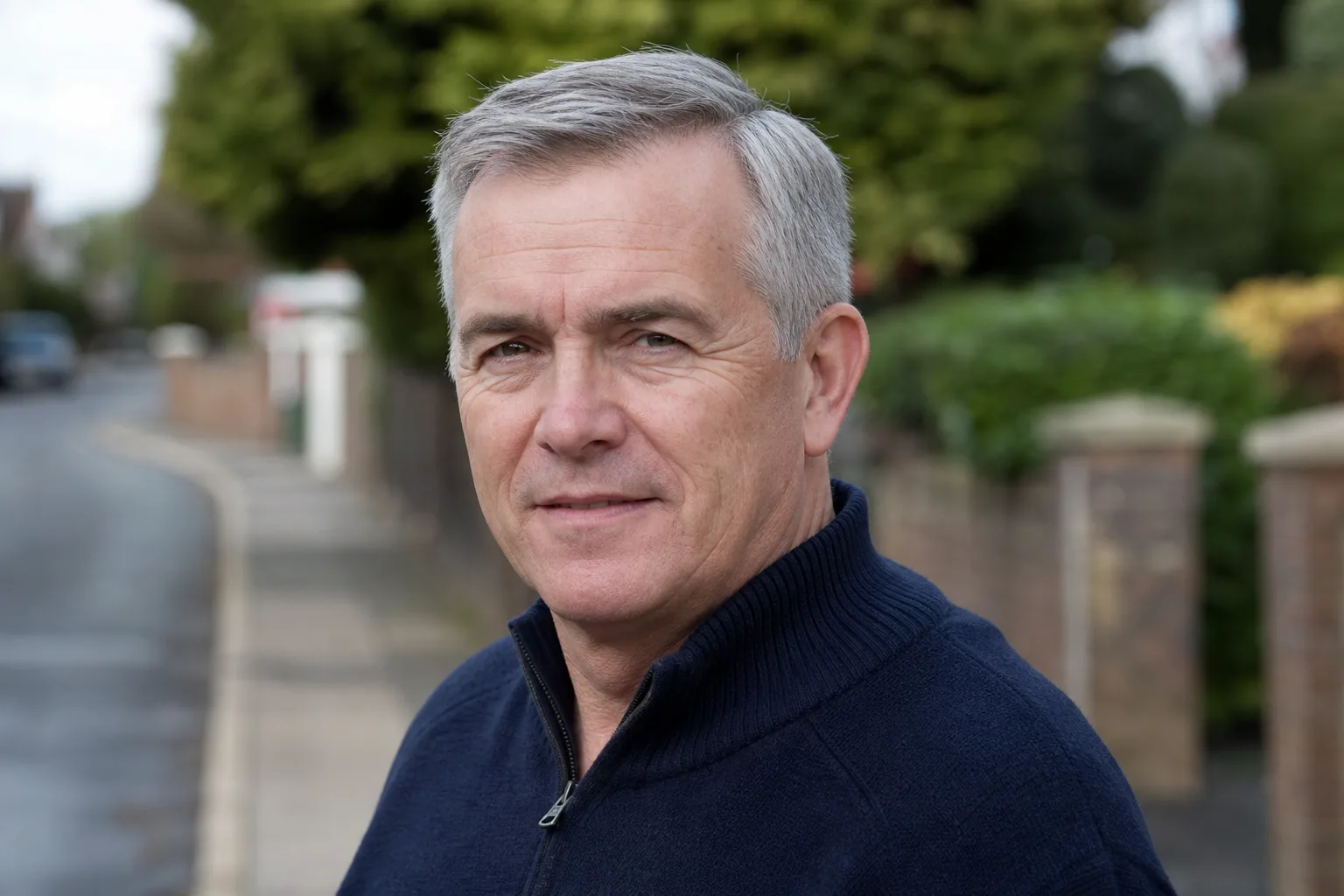 Man in his late fifties with silver grey hair on a residential street, cut short with a soft side parting and scissor-tapered sides