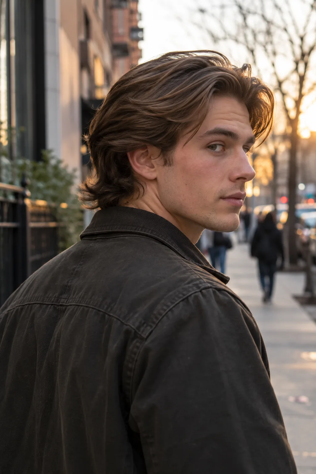 Man on a city sidewalk at sunset looking back over his shoulder, mid brown flow haircut swept back with the ends curling at the collar of his jacket