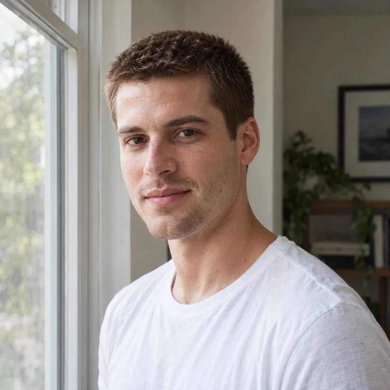 Man with a chestnut brown 8 guard buzz cut pushed forward with matte paste into soft piecey texture, standing by a window at home
