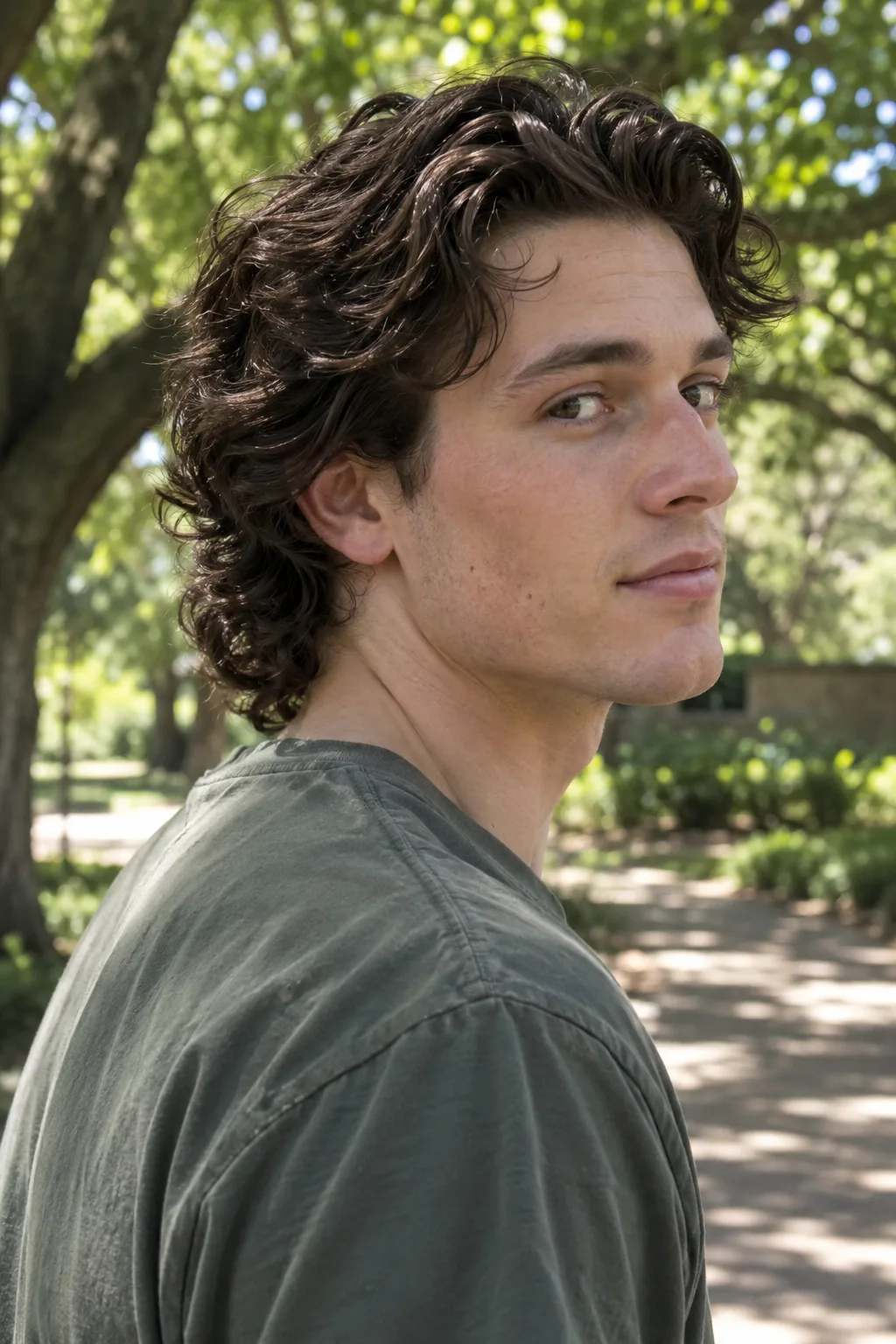 Man with a dark brown curly flow haircut looking back over his shoulder in a park under trees, curls swept back and gathering at the nape