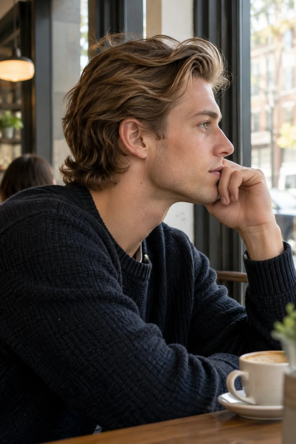 Man with a dirty blonde flow haircut in the growing out stage sitting by a cafe window with a coffee, side profile showing the sides tucked behind his ear