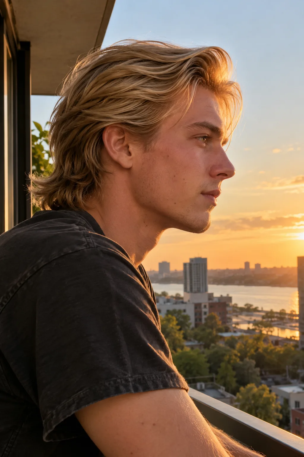 Man with a light blonde flow haircut on an apartment balcony at golden hour, side profile with the hair swept back and tucked behind the ear