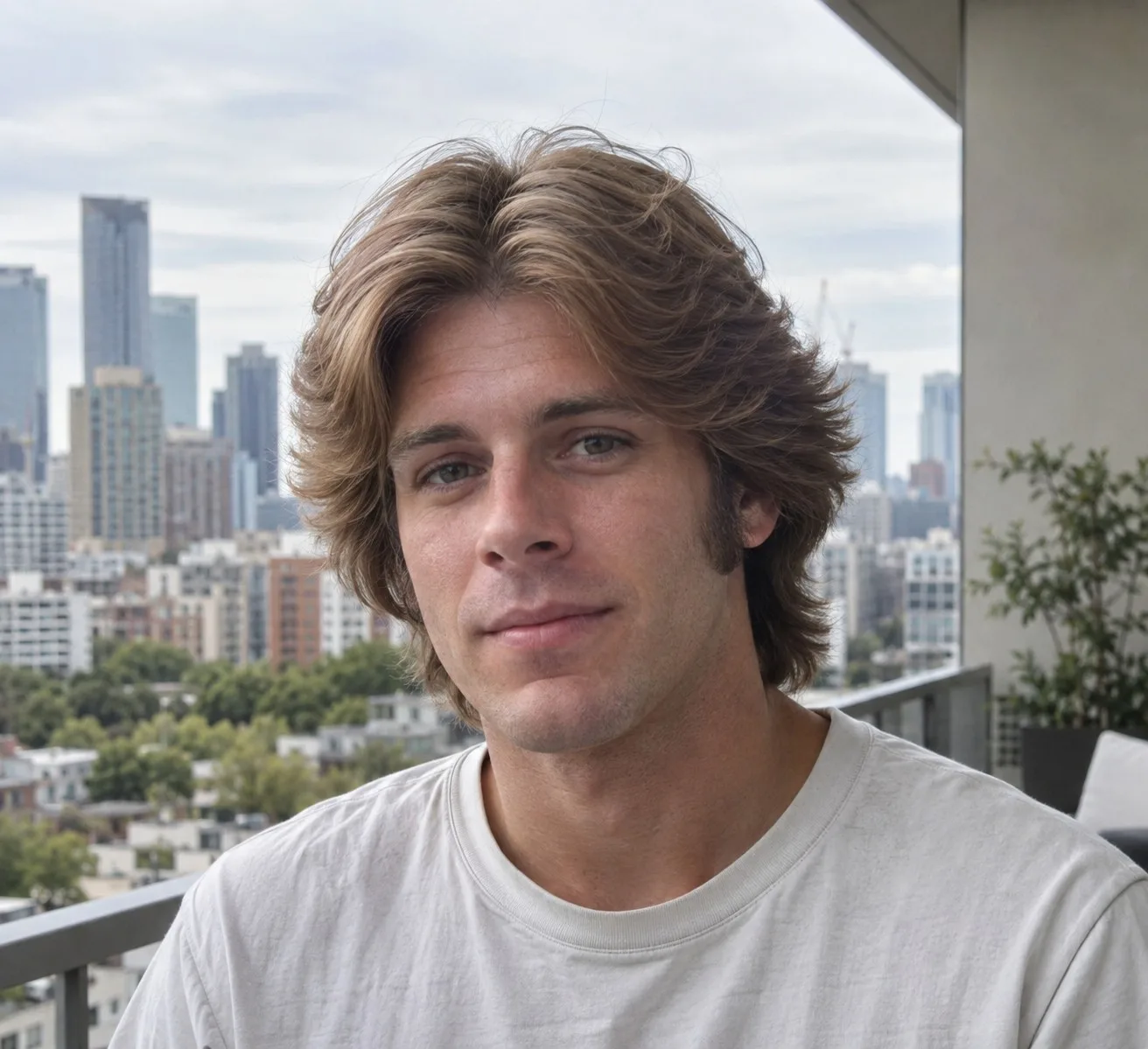 Man with a light brown feathered haircut, center part and collar-length sides on a city balcony