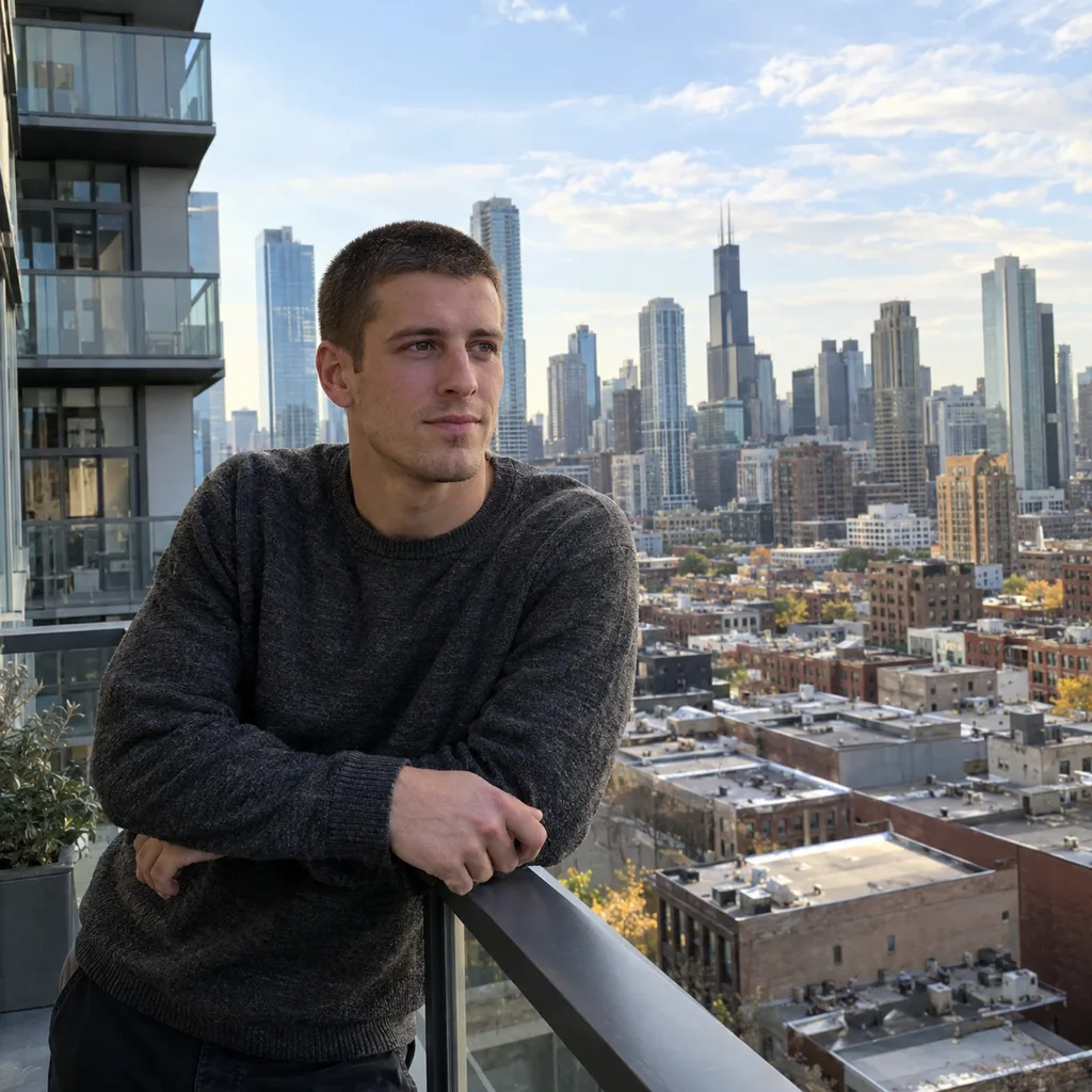 Man with a long narrow face and a short brown buzz cut that keeps its weight on the sides, leaning on a balcony railing above a city skyline