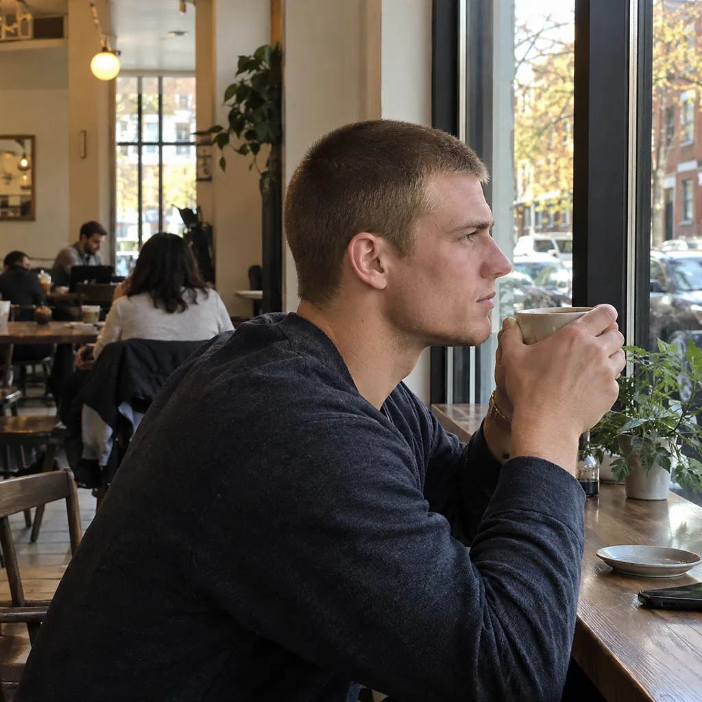 Man with a plain light brown buzz cut, one length all over with no fade, drinking coffee at a cafe window