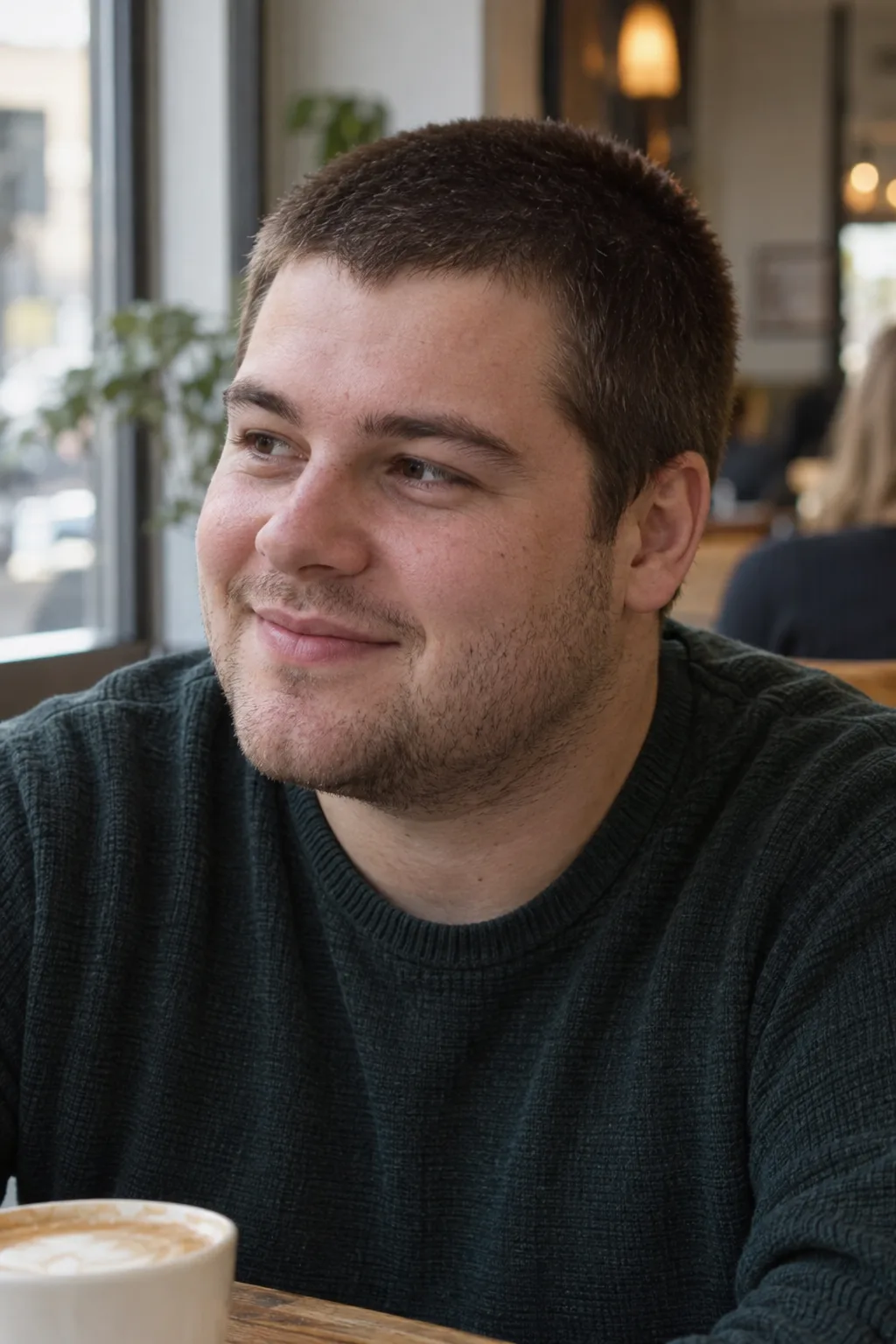 Man with a round face and a chestnut buzz cut about three eighths of an inch long, sitting in a cafe