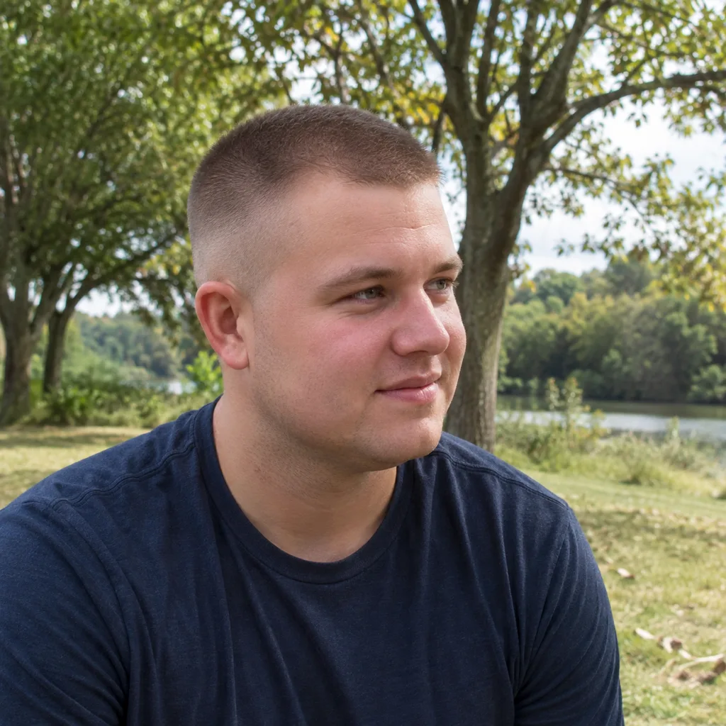 Man with a round face and a light brown buzz cut with a high fade, the sides tight up to the temple, sitting in a park
