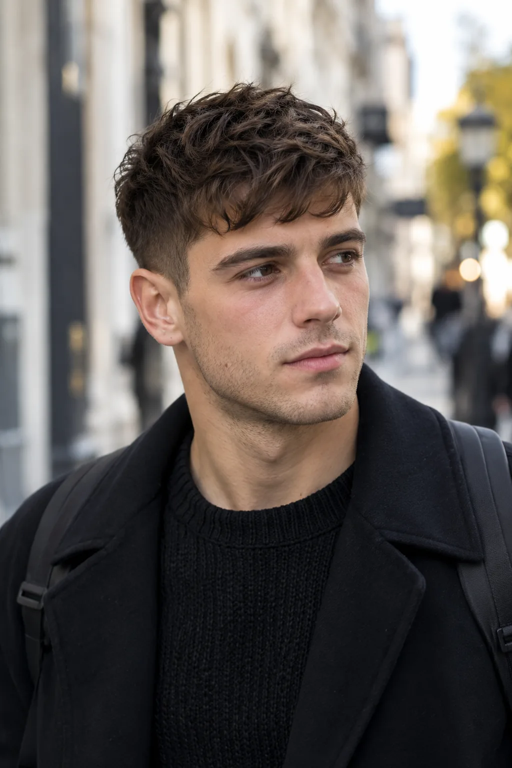 Man with a short textured crop dyed chocolate brown on a city street in daylight