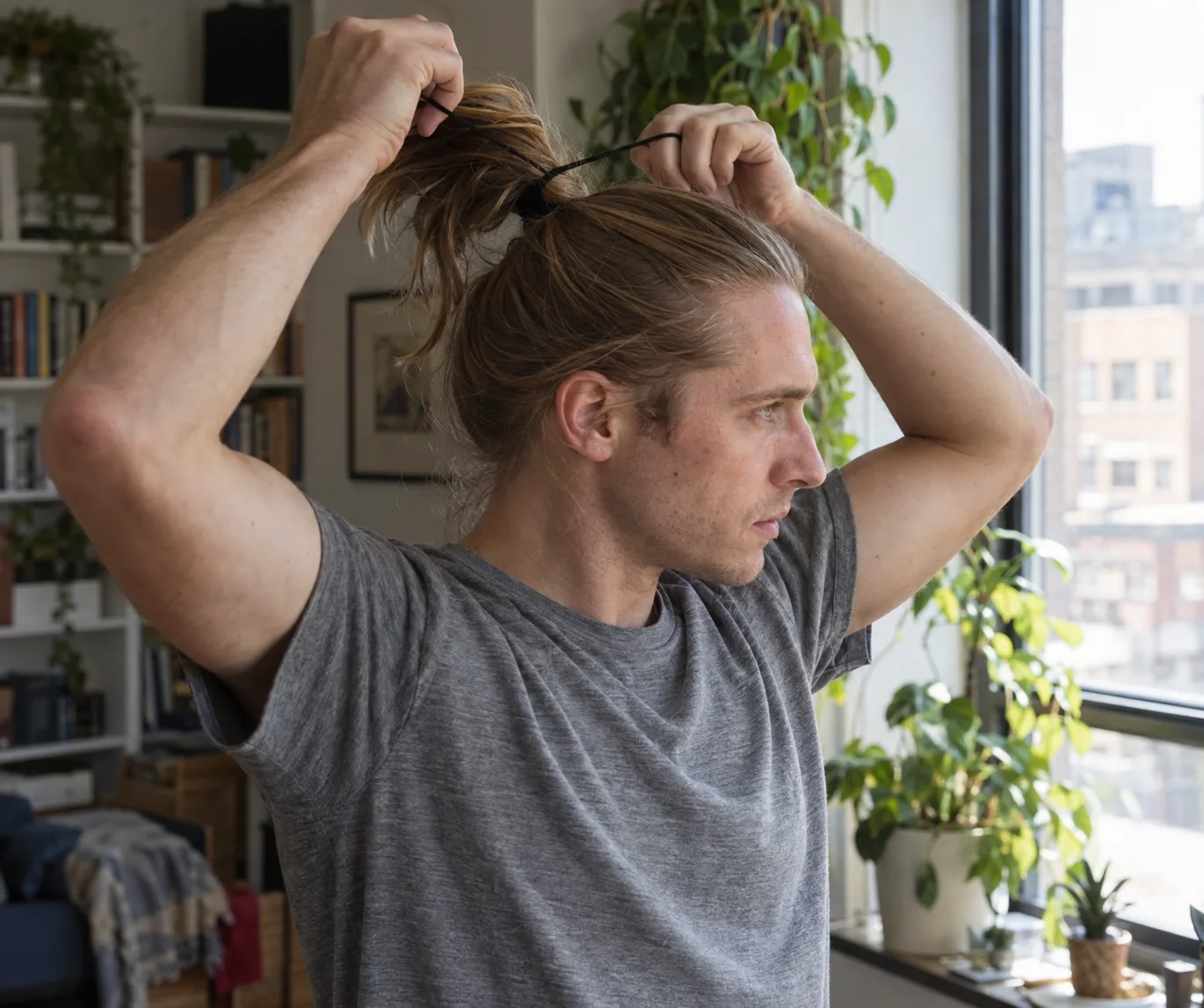 Man with long blonde hair by an apartment window, gathering his hair at the crown and stretching an elastic over it