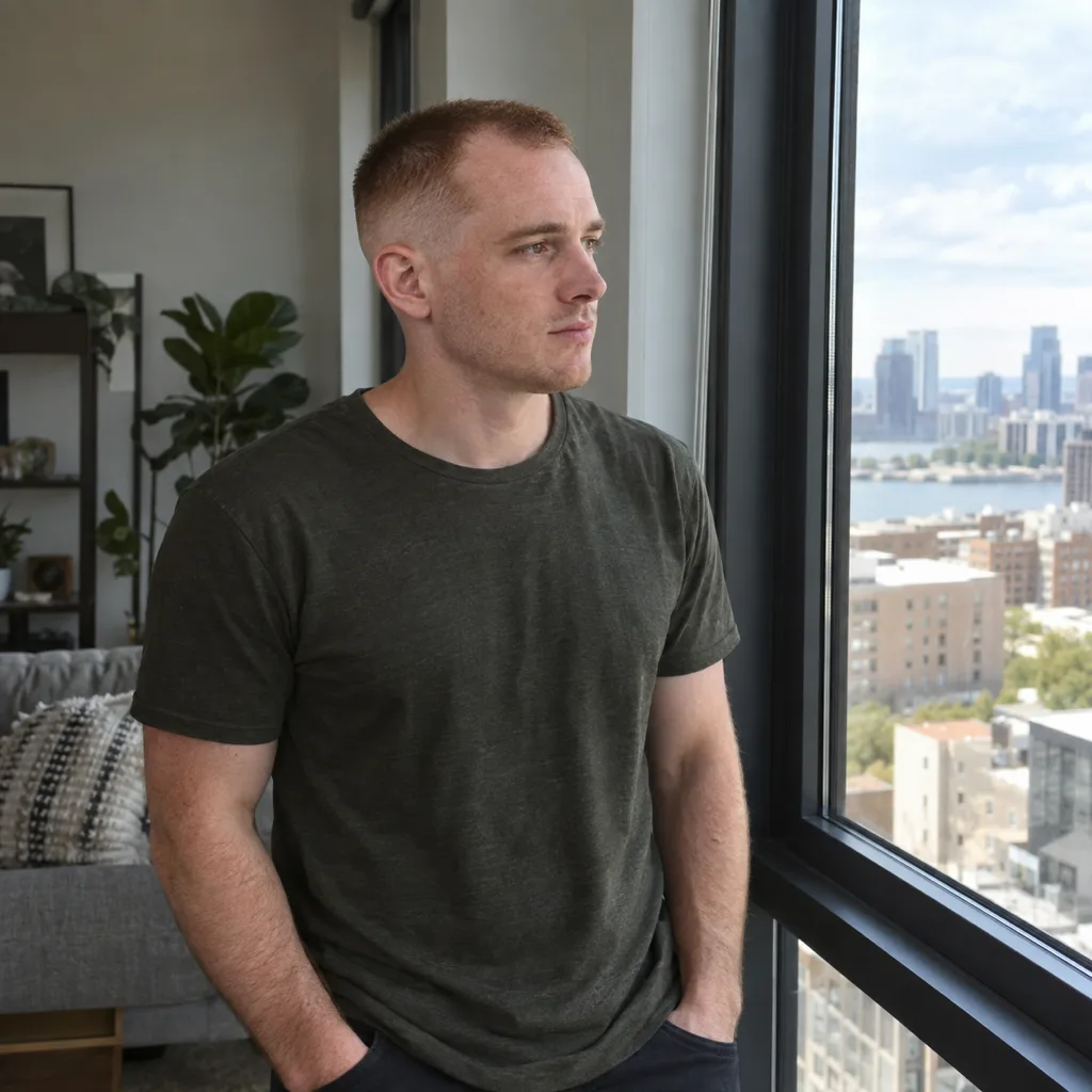 Man with receding temples and a very short auburn buzz cut with a high fade, standing at an apartment window
