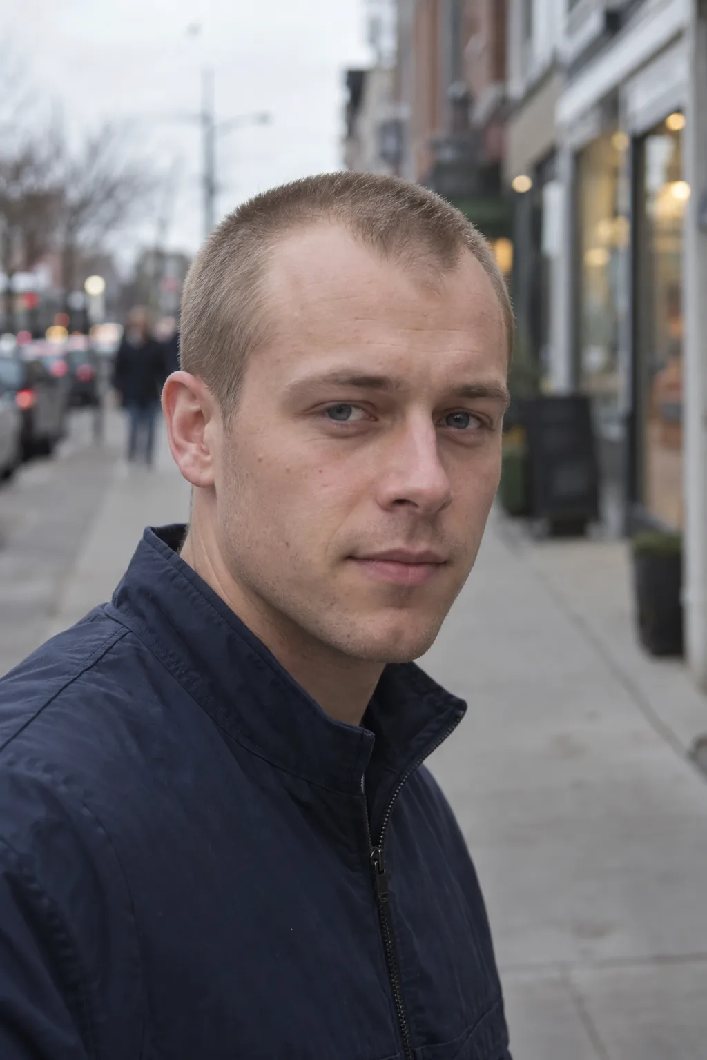 Man with receding temples and a very short dirty blonde buzz cut on a city sidewalk