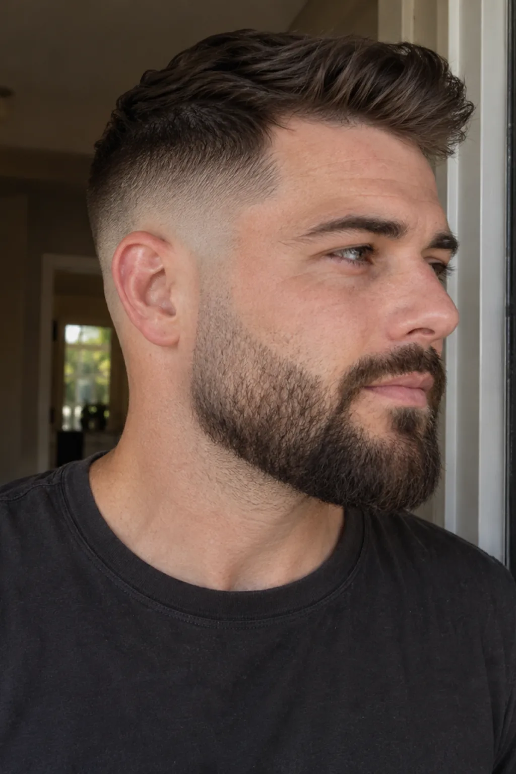 Mid bald fade running forward into a faded beard with no gap at the sideburn