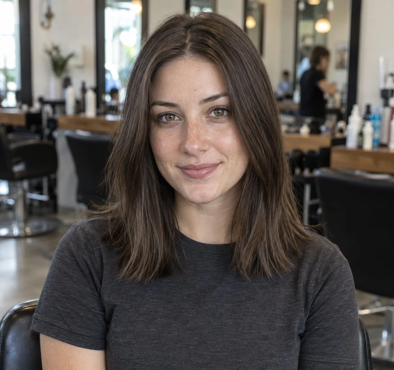 Original selfie of a young woman with straight shoulder-length mid brown hair in a salon chair