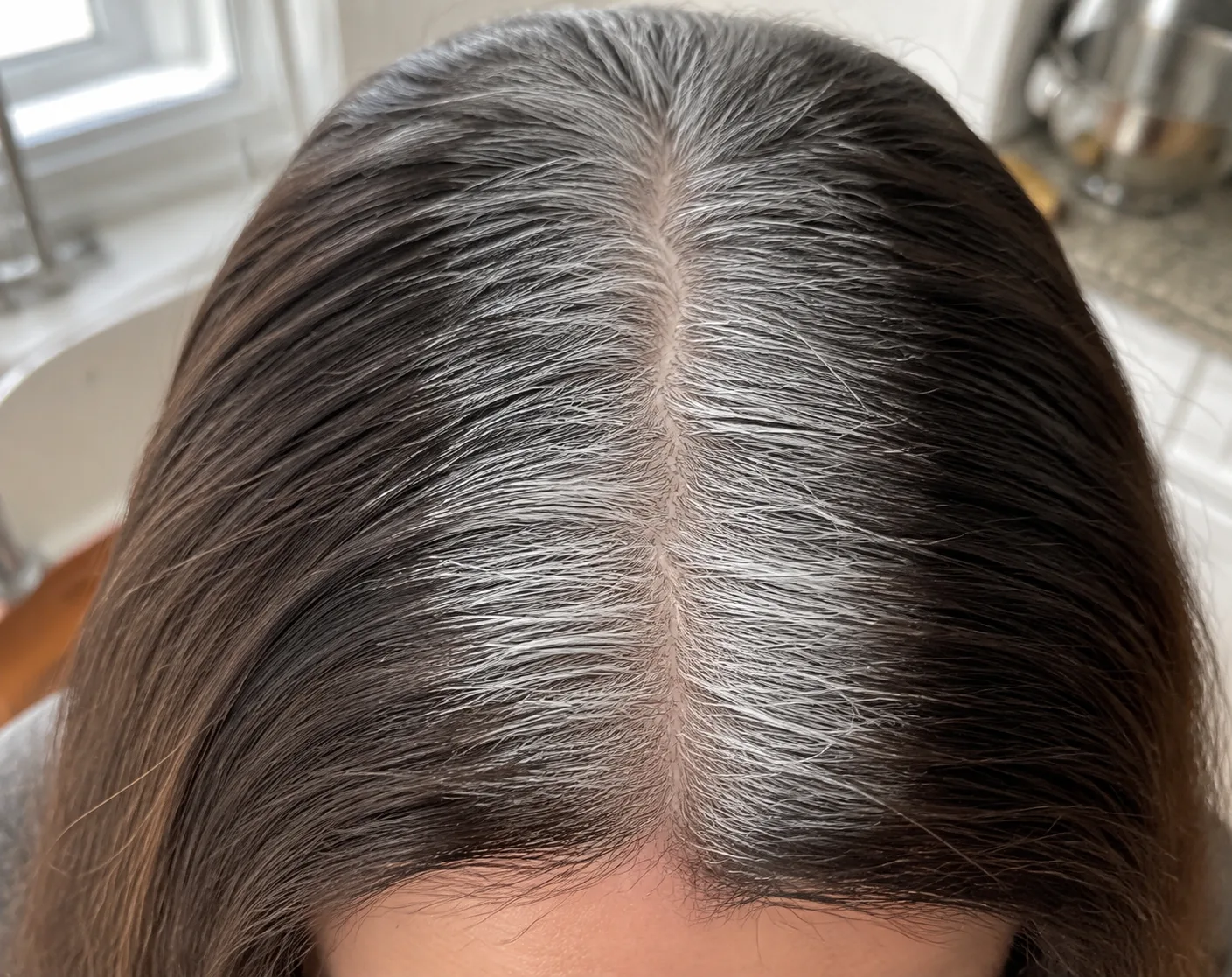 Overhead close-up of a centre parting where silver and white strands are mixed through dark brown hair at the roots