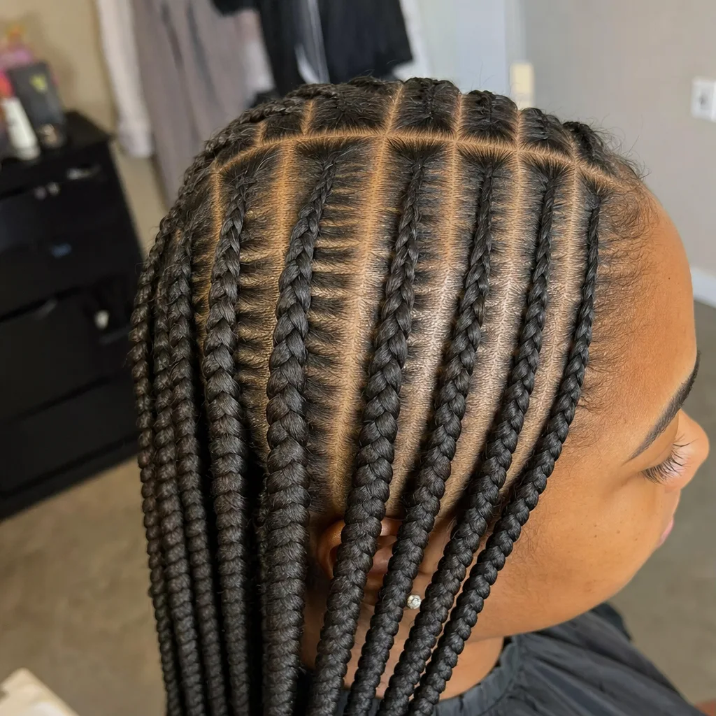 Overhead close-up of the crown of a woman's head, showing straight parting lines and the flat root of each braid lying against the scalp with no knot at the base.