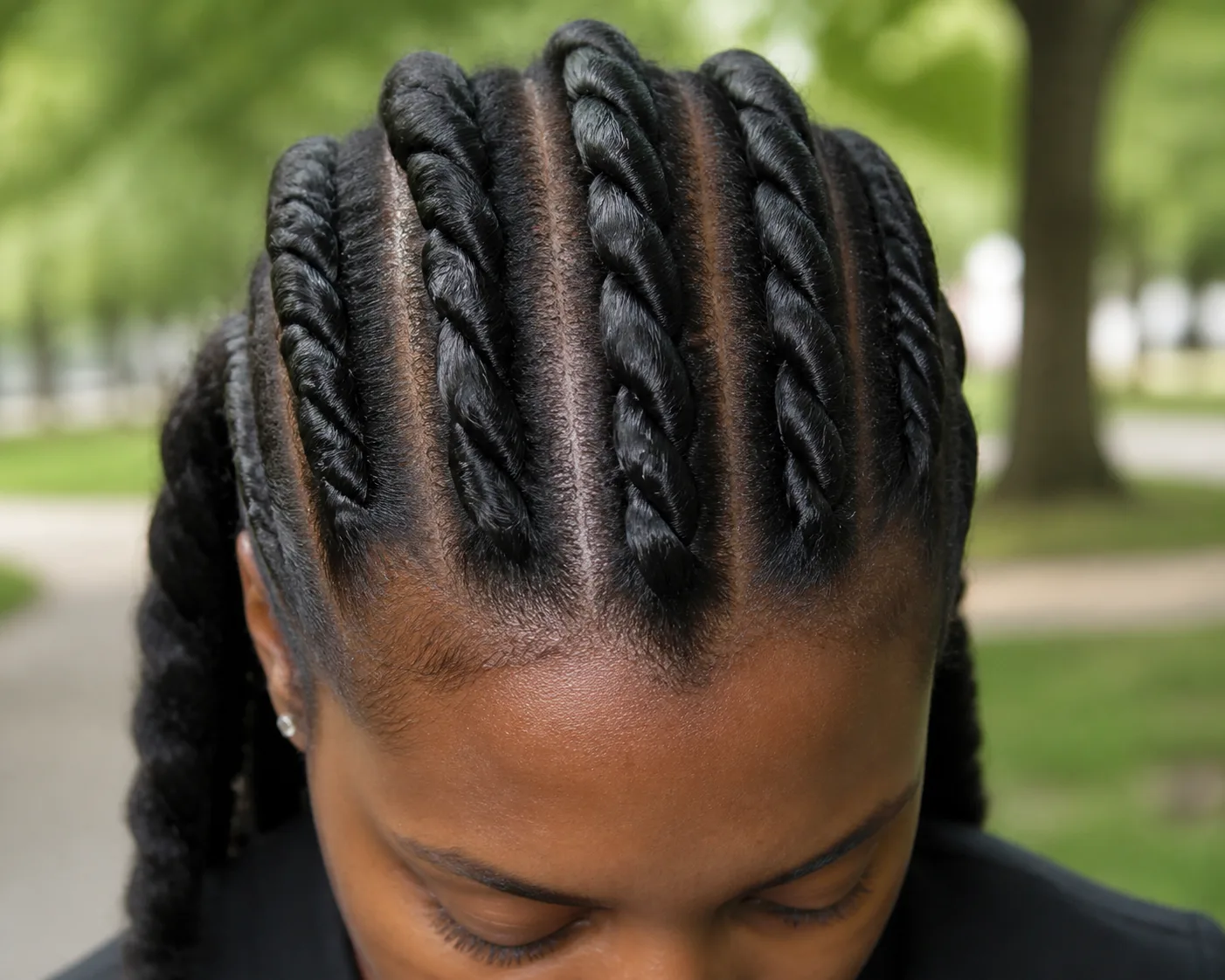 Overhead view of six flat twist rows lying against the scalp in jet black coily hair, each row a two-strand rope with a clean parting line either side