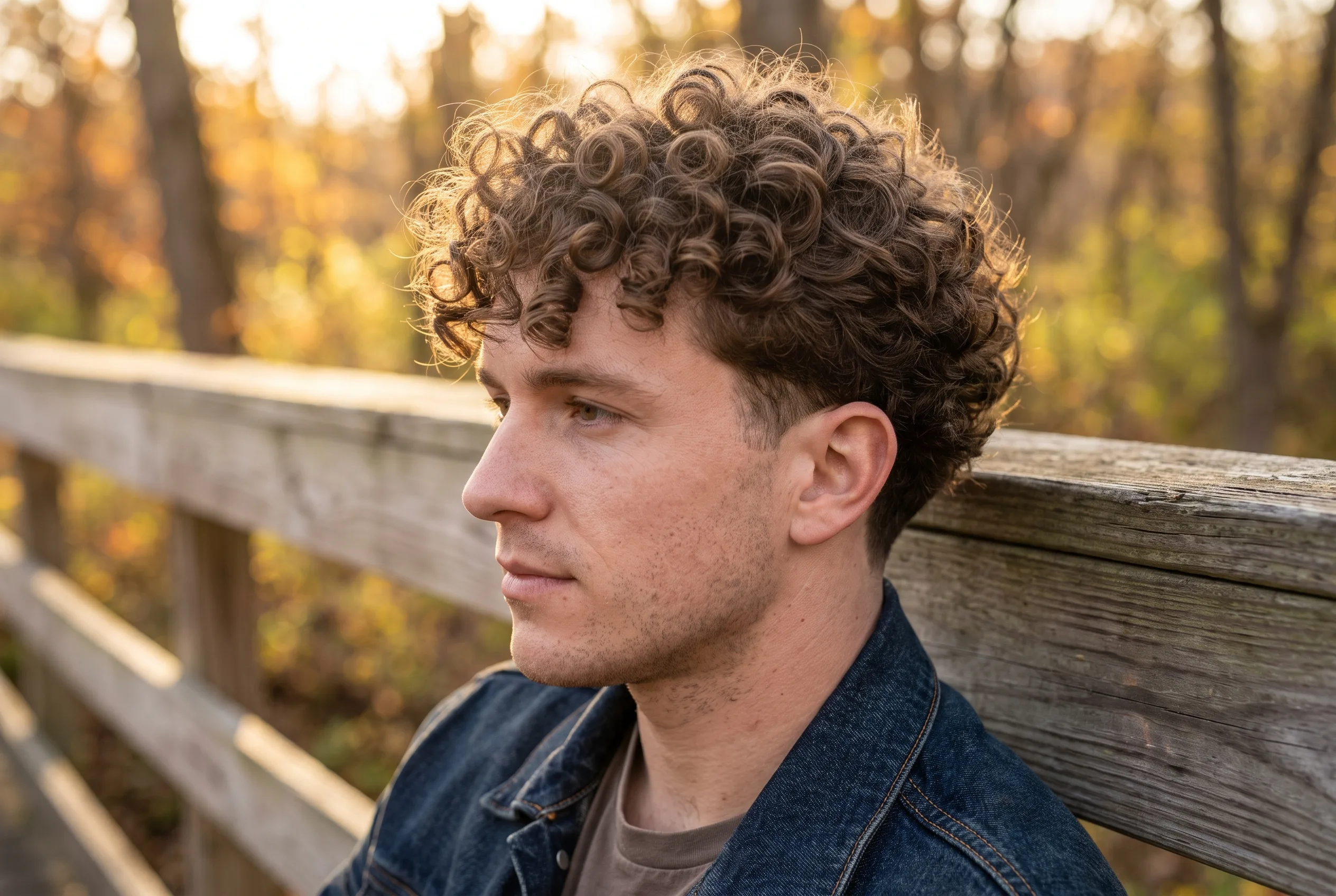 Profile of a mid brown haired man at a wooden fence in golden light, defined spiral curls full on top with a short clipped band about an inch high running along the temple and behind the ear