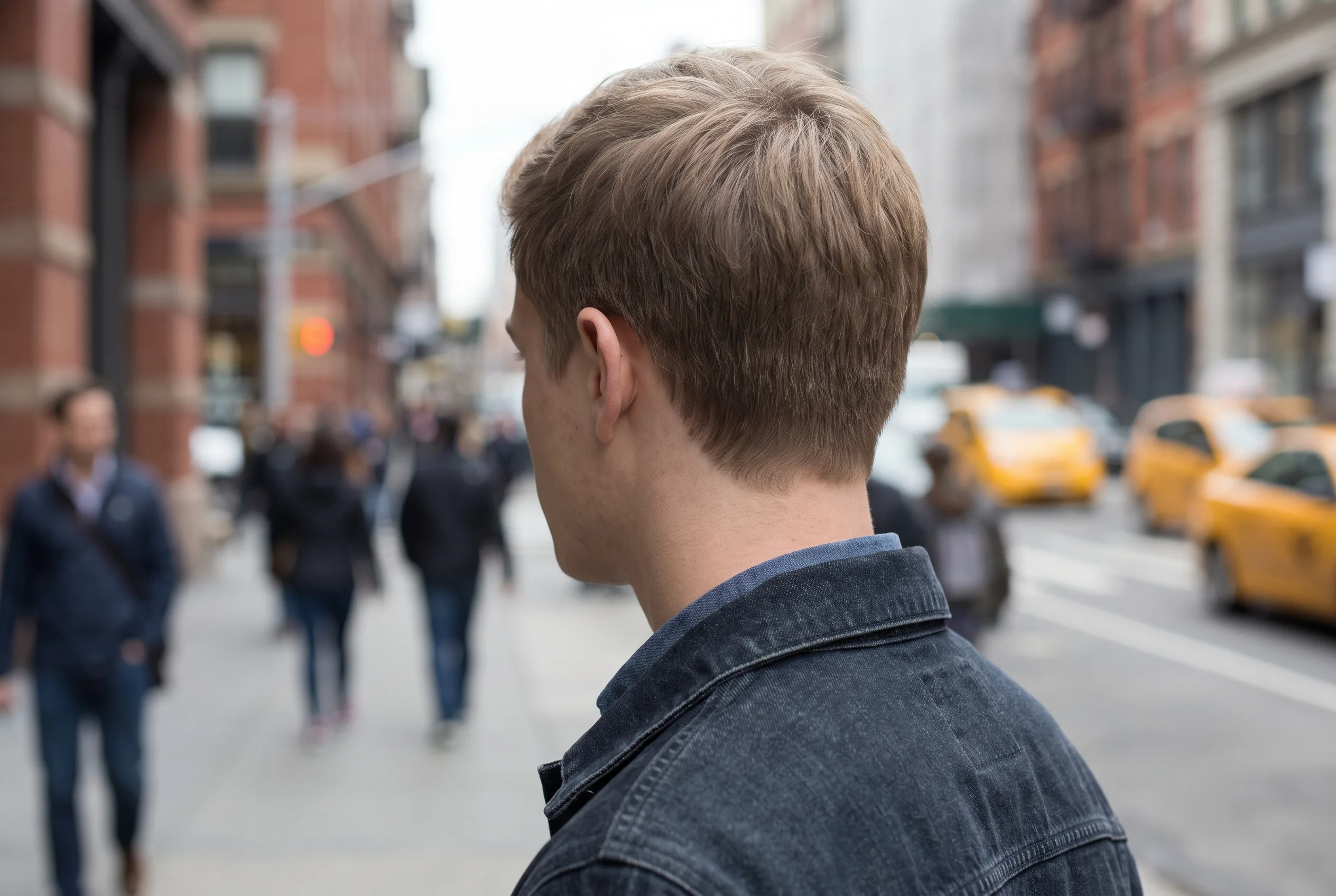 Rear three-quarter view of a dirty blonde haired man in a denim jacket on a street, the hair at his nape thinning gradually into the skin of his neck with a feathered edge and no straight blocked line