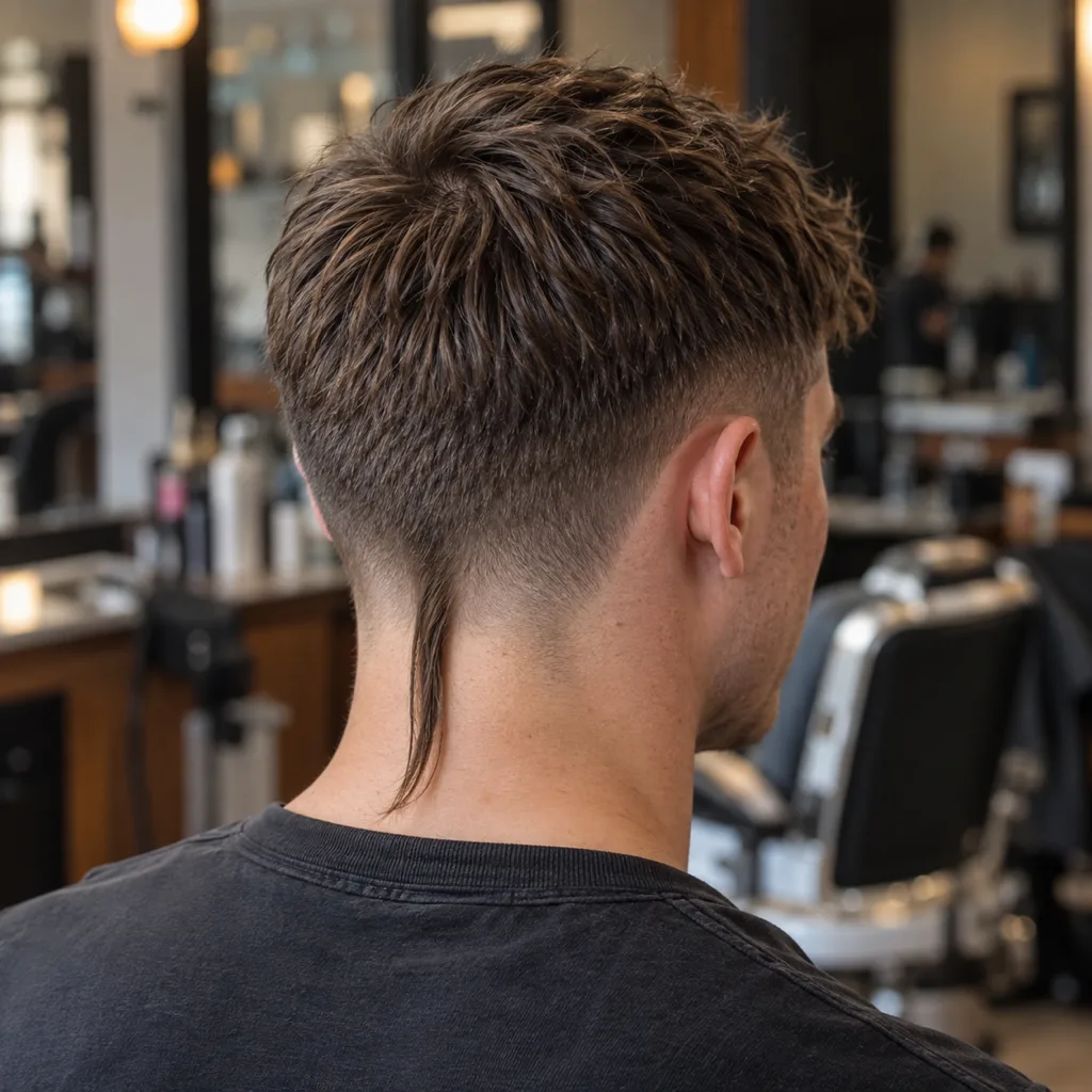 Rear three-quarter view of a man in a barbershop with a mid brown textured top, a low taper and one thin straight rat tail hanging down the back of his neck