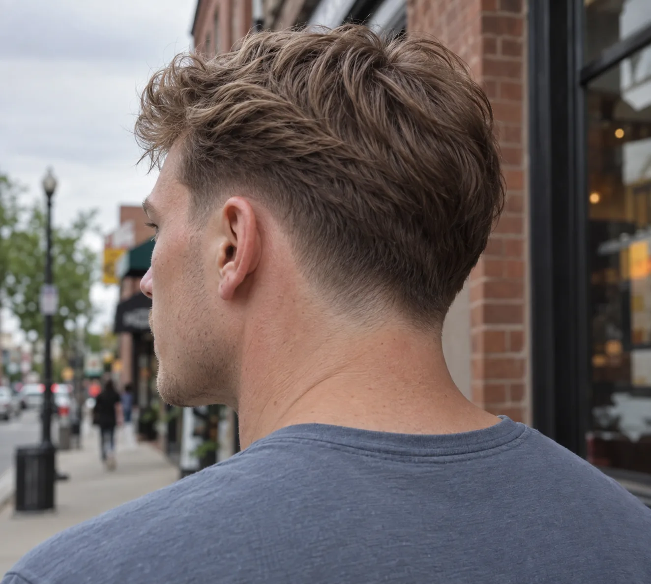 Rear three quarter view of a man on a city street with a low drop taper, the graduated band dipping lower behind the ear toward the nape