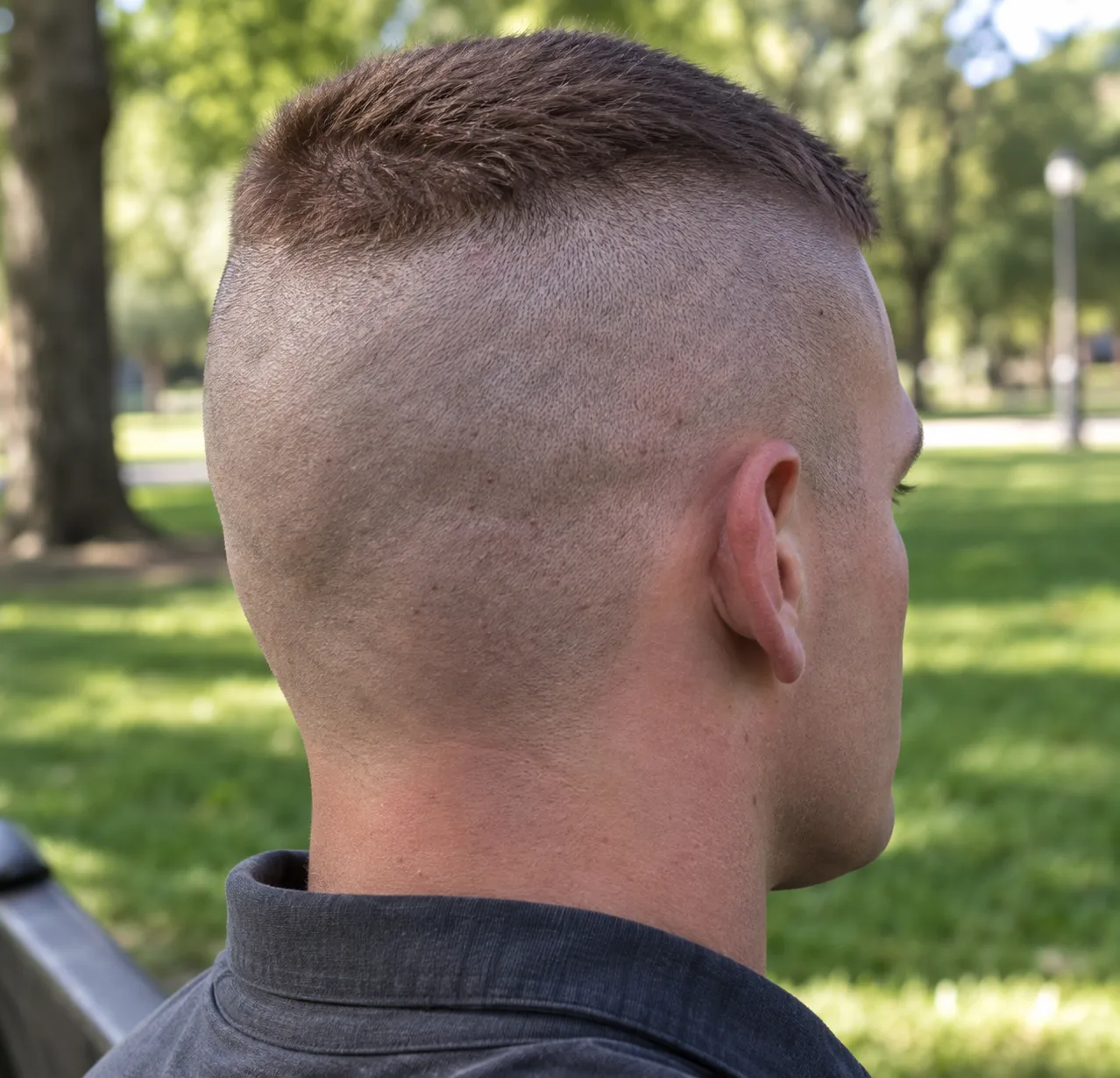 Rear three quarter view of a man on a park bench with a high and tight, the back of the head clipped close from the collar to the crown under a short brown top