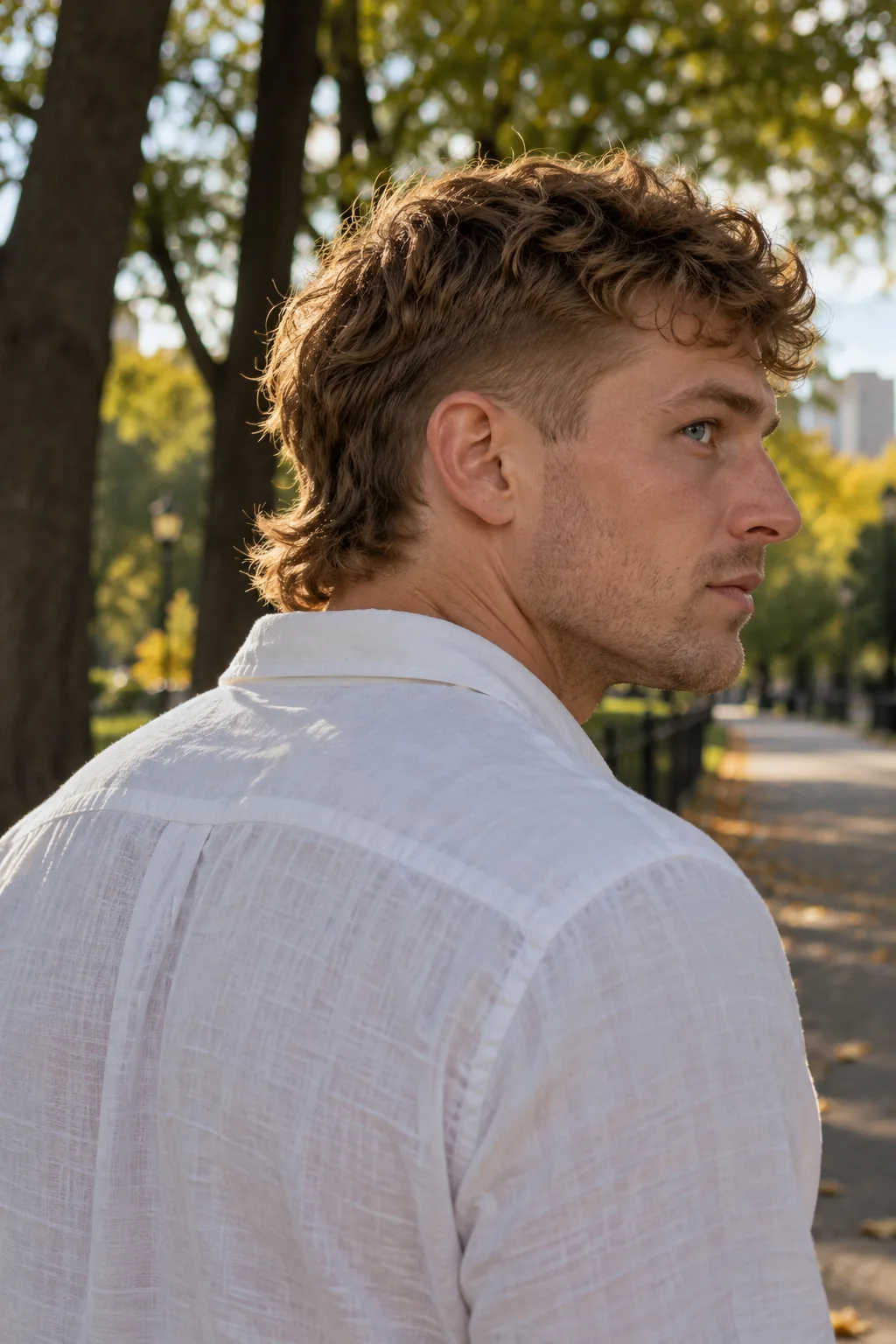 Rear three quarter view of a man with a dirty blonde wavy short mullet on a park path, the sides faded close and the waves at the back curling above his white linen collar