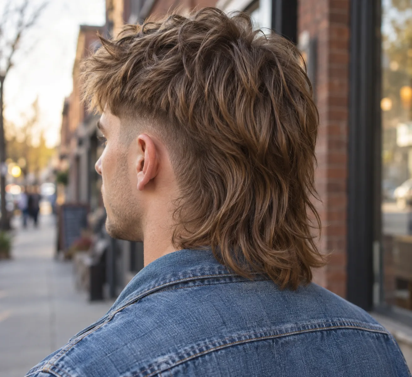 Rear three quarter view of a man with a light brown mullet fade on a city sidewalk, the sides faded short around the ear and the wavy back falling onto the collar of a denim jacket