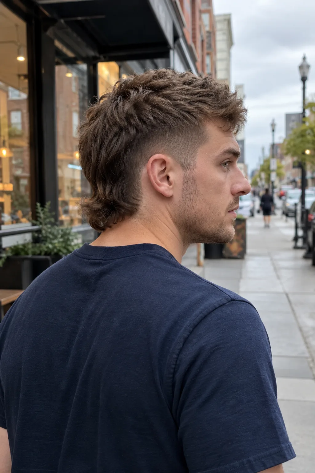 Rear three quarter view of a man with a light brown short mullet on a city sidewalk, the sides faded close around the ear, a textured top and a short tail at the nape above his navy t shirt collar