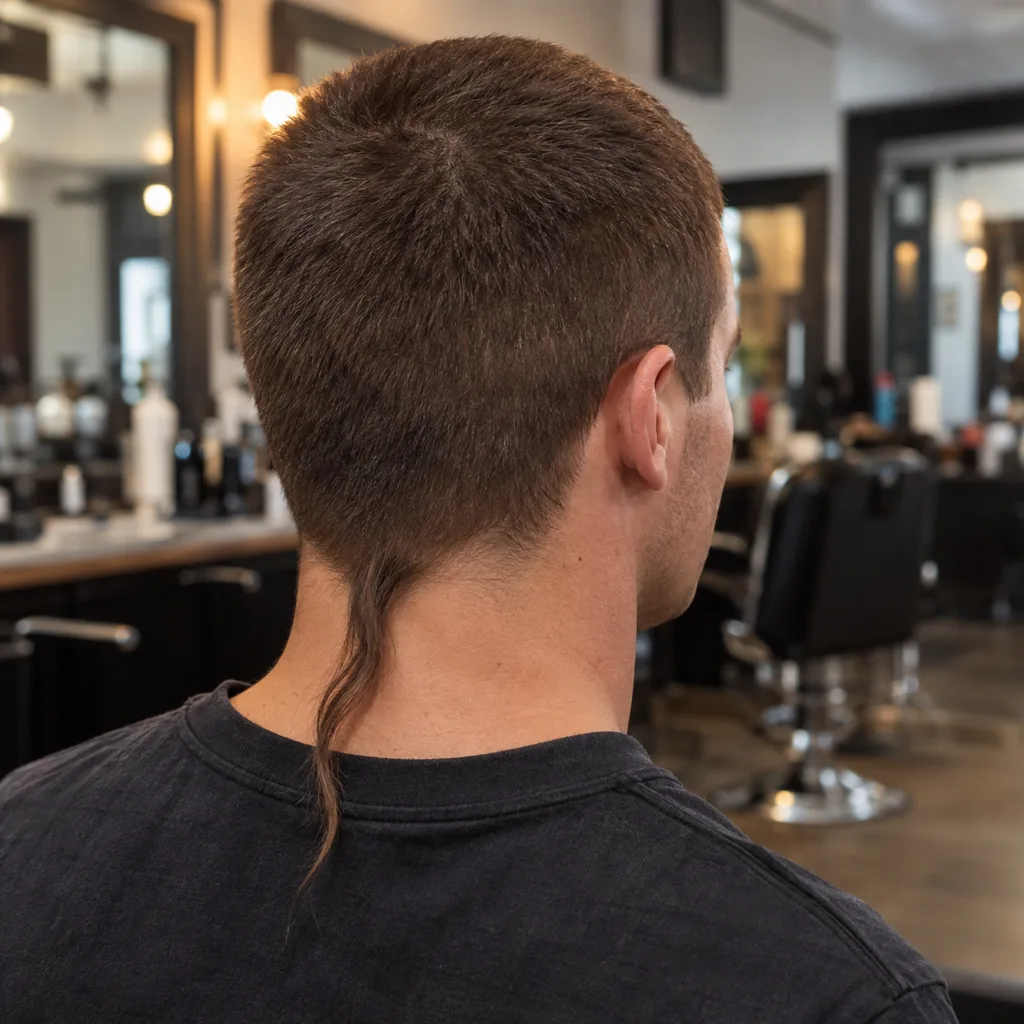 Rear three-quarter view of a man with a short dark brown buzz cut and one long thin rat tail hanging past his collar