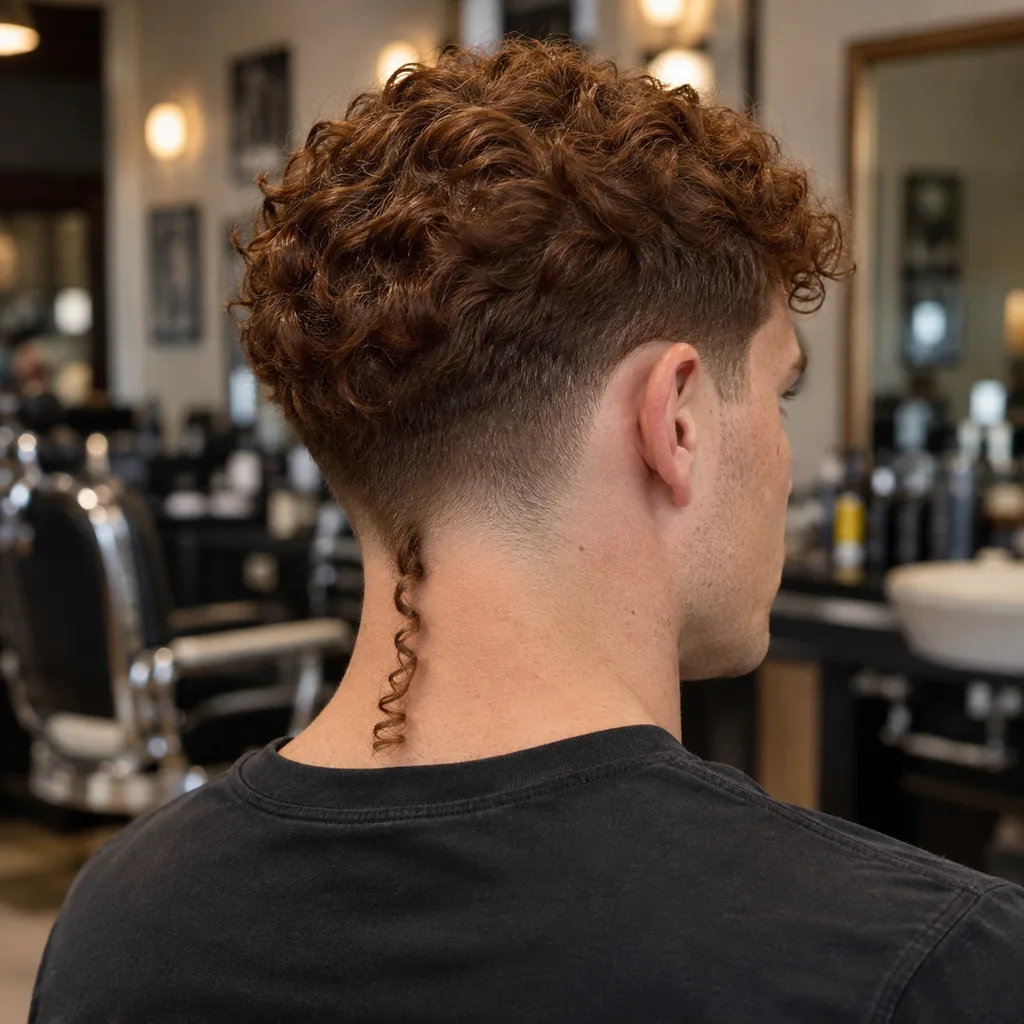 Rear three-quarter view of a man with auburn curly hair, a low taper and a spiral curled rat tail at his nape