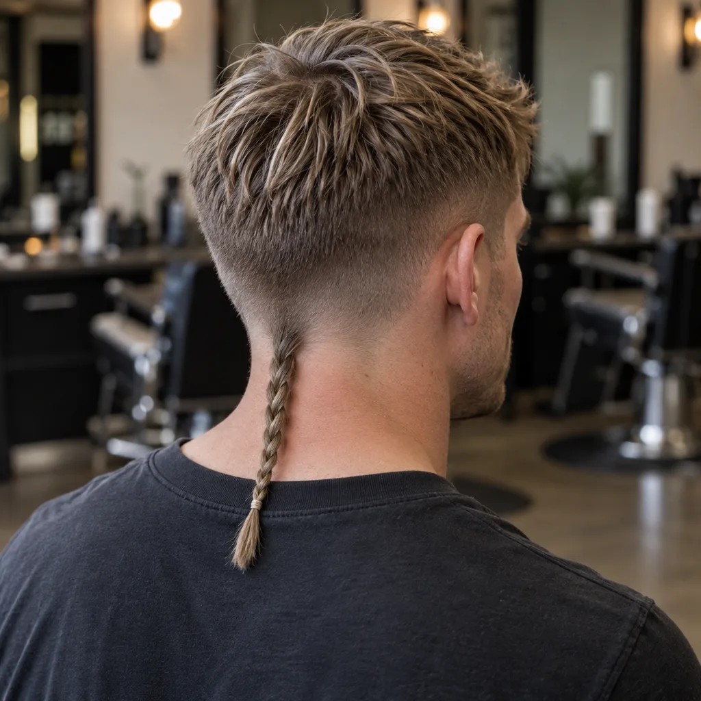 Rear three-quarter view of a man with dirty blonde hair, a low taper and a thin three-strand braided rat tail finished with a small elastic above his collar