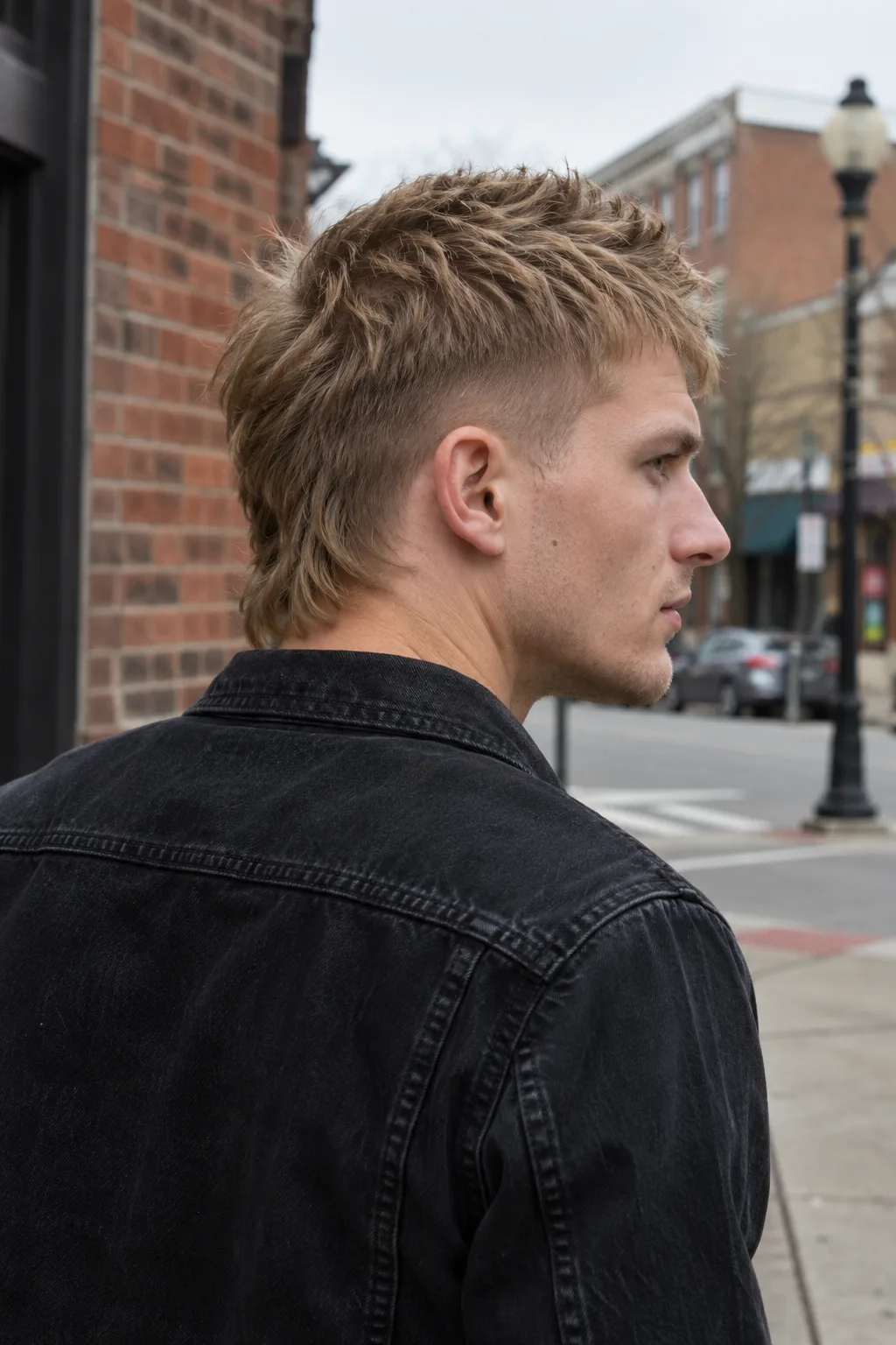 Rear three quarter view of a man with fine dirty blonde hair in a short mullet on a street corner, a choppy roughed up top, a fade above the ear and a short back above his black denim jacket