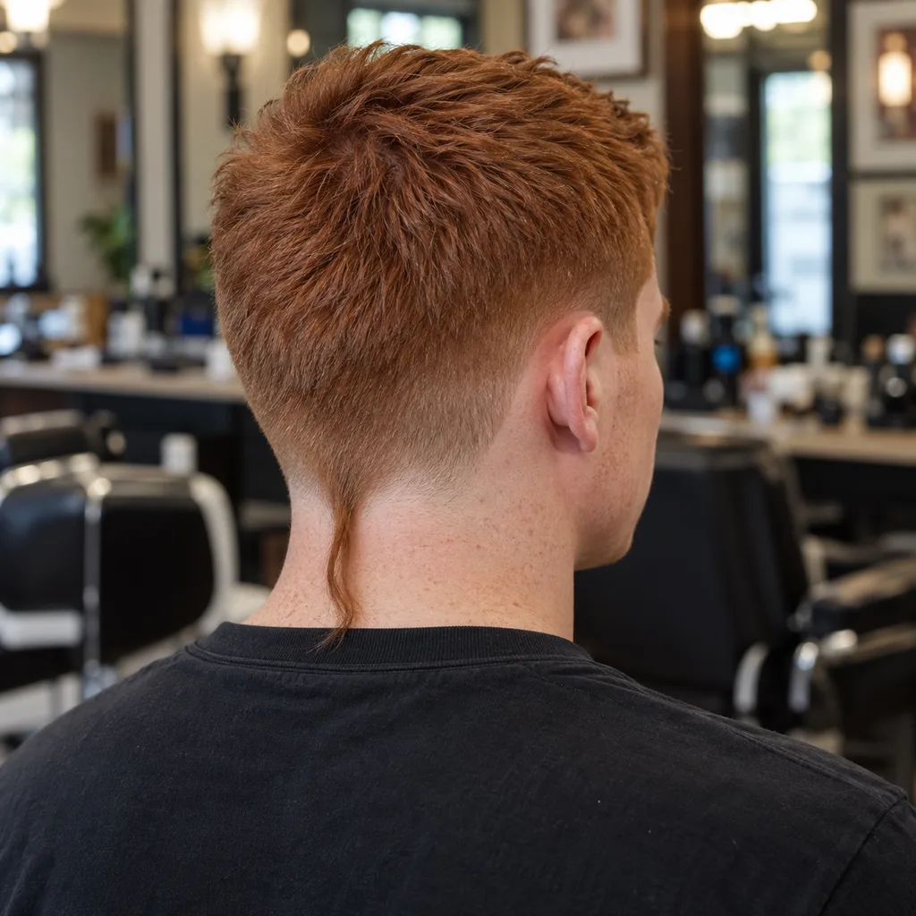 Rear three-quarter view of a man with ginger hair, a low taper and a short thin rat tail that just reaches his collar