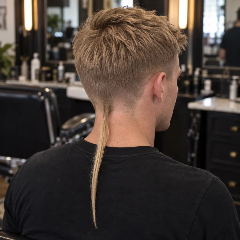 Rear three-quarter view of a man with golden blonde hair, a low taper and a long thin rat tail tied near the top and hanging well past his collar